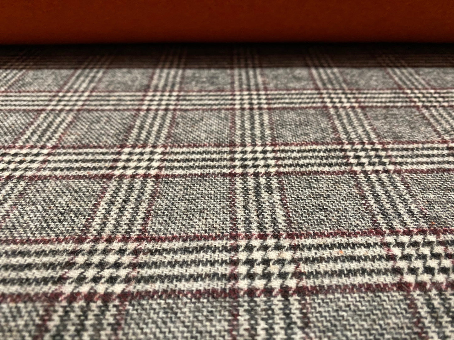 Wool blend heavyweight coat jacket fabric, per metre - dual face grey check and plain terracotta reverse