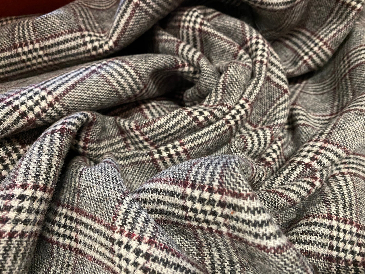 Wool blend heavyweight coat jacket fabric, per metre - dual face grey check and plain terracotta reverse