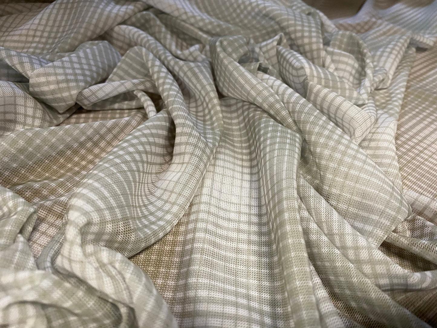 Power mesh net stretch fabric, per metre - sage psychedelic geometric print