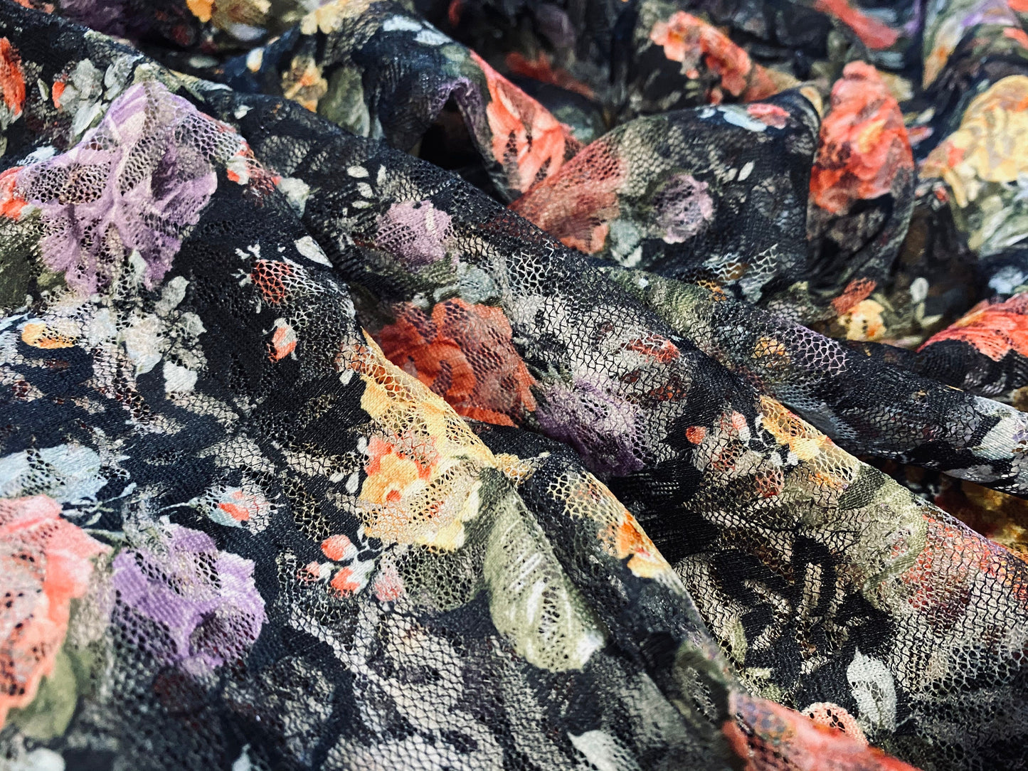 Stretch lace dress fabric, per metre - floral print - black with multicolour flowers