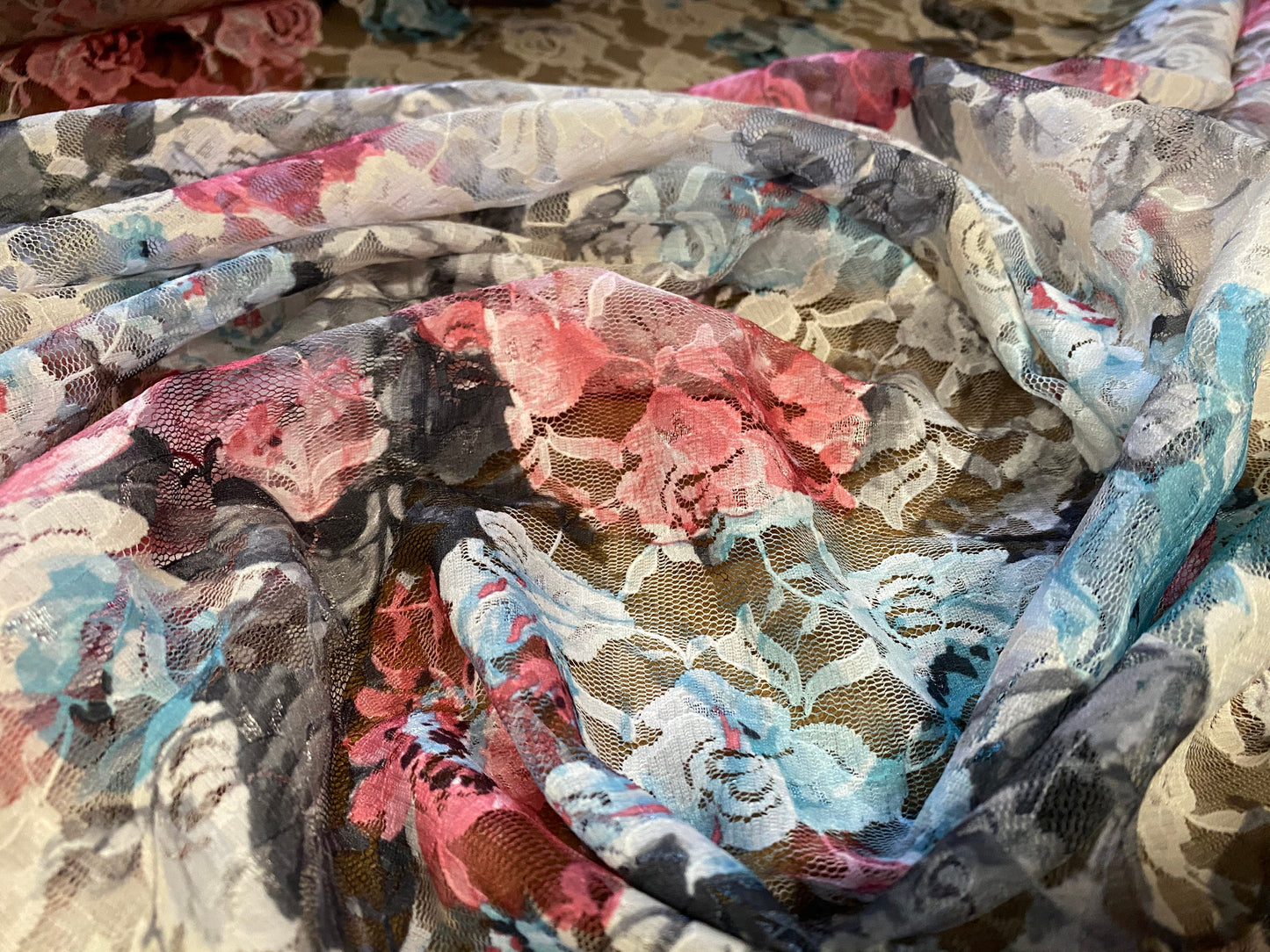 Printed stretch lace dress fabric, per metre - multicolour floral print