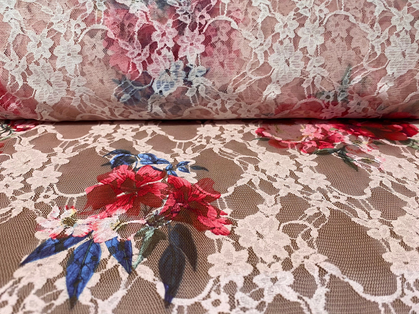 Printed stretch lace dress fabric, per metre - pink floral rose print