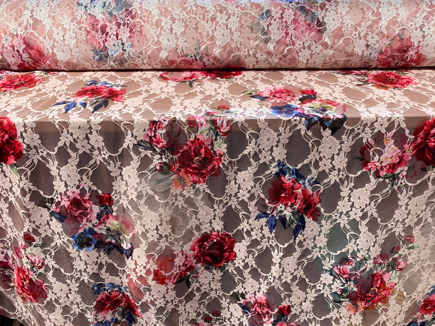 Printed stretch lace dress fabric, per metre - pink floral rose print