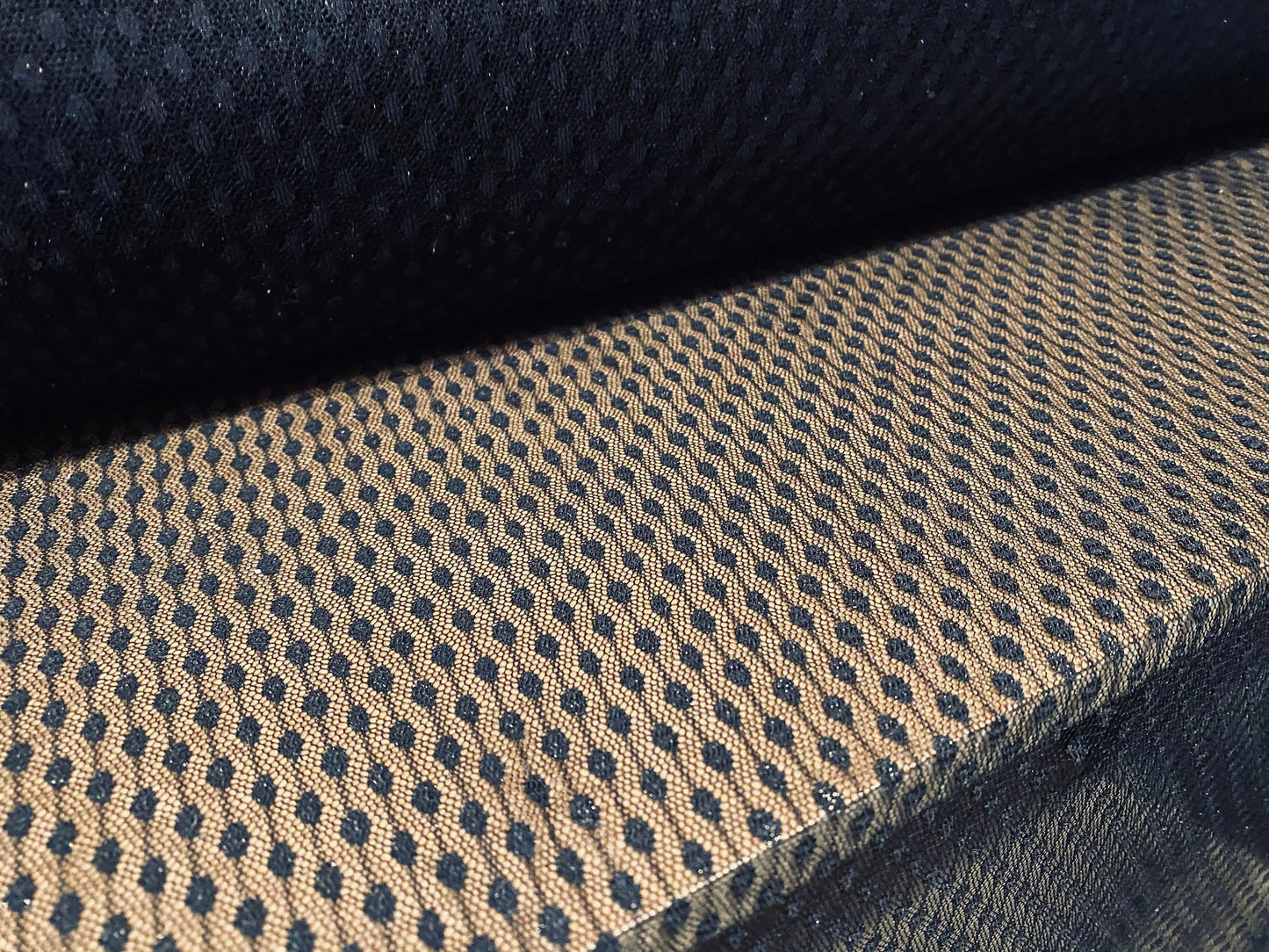 Dobby mesh net lightweight fabric, per metre - black with gold metallic shimmer