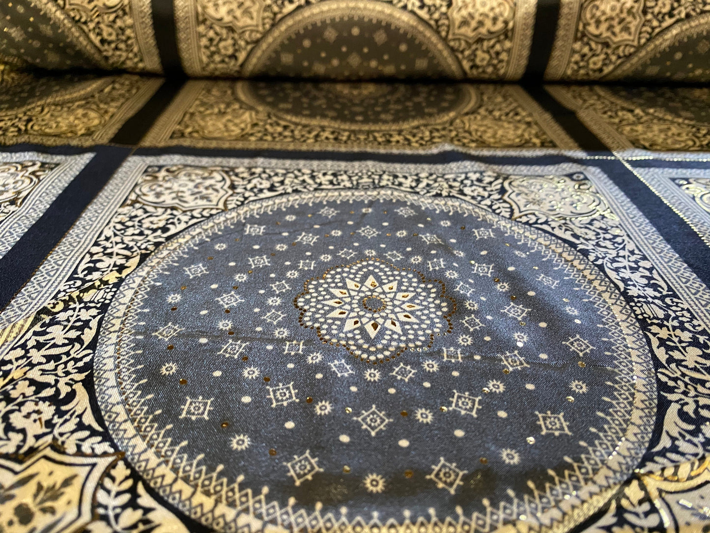 Silky Stretch satin dress fabric, per metre - paisley geometric print - black & gold