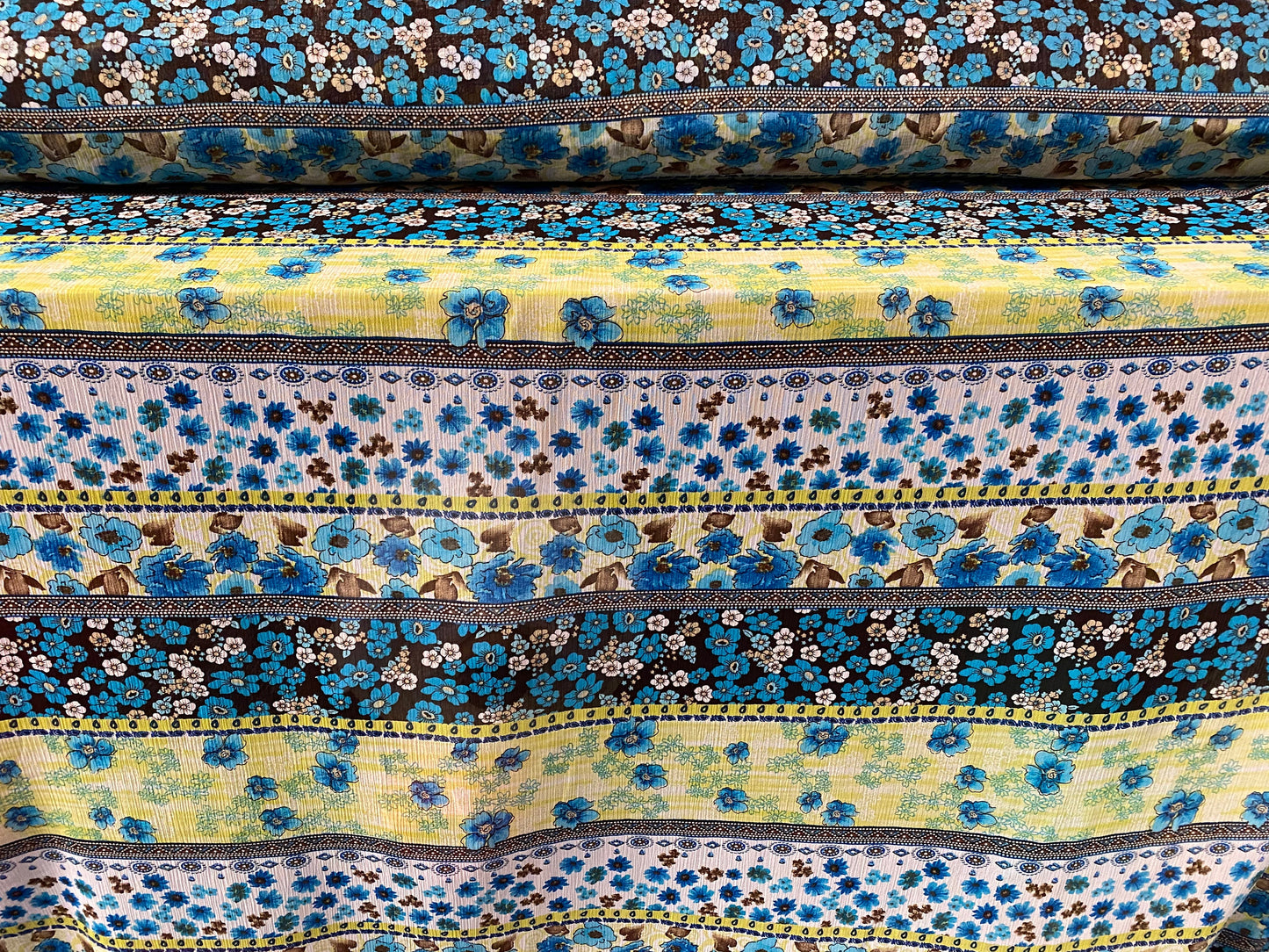 Printed chiffon yoryu dress blouse fabric, per metre - floral stripe print - turquoise & blue