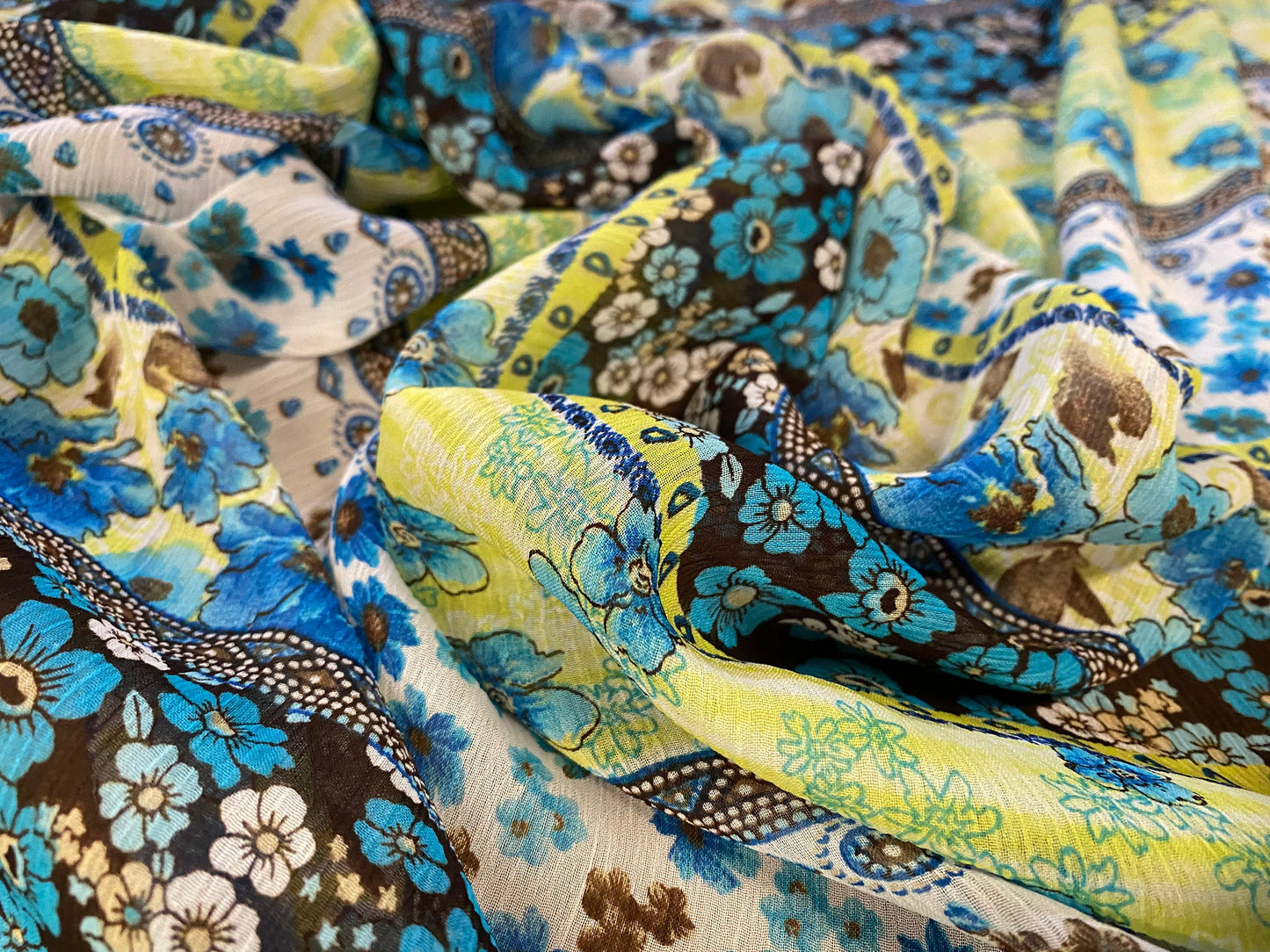 Printed chiffon yoryu dress blouse fabric, per metre - floral stripe print - turquoise & blue