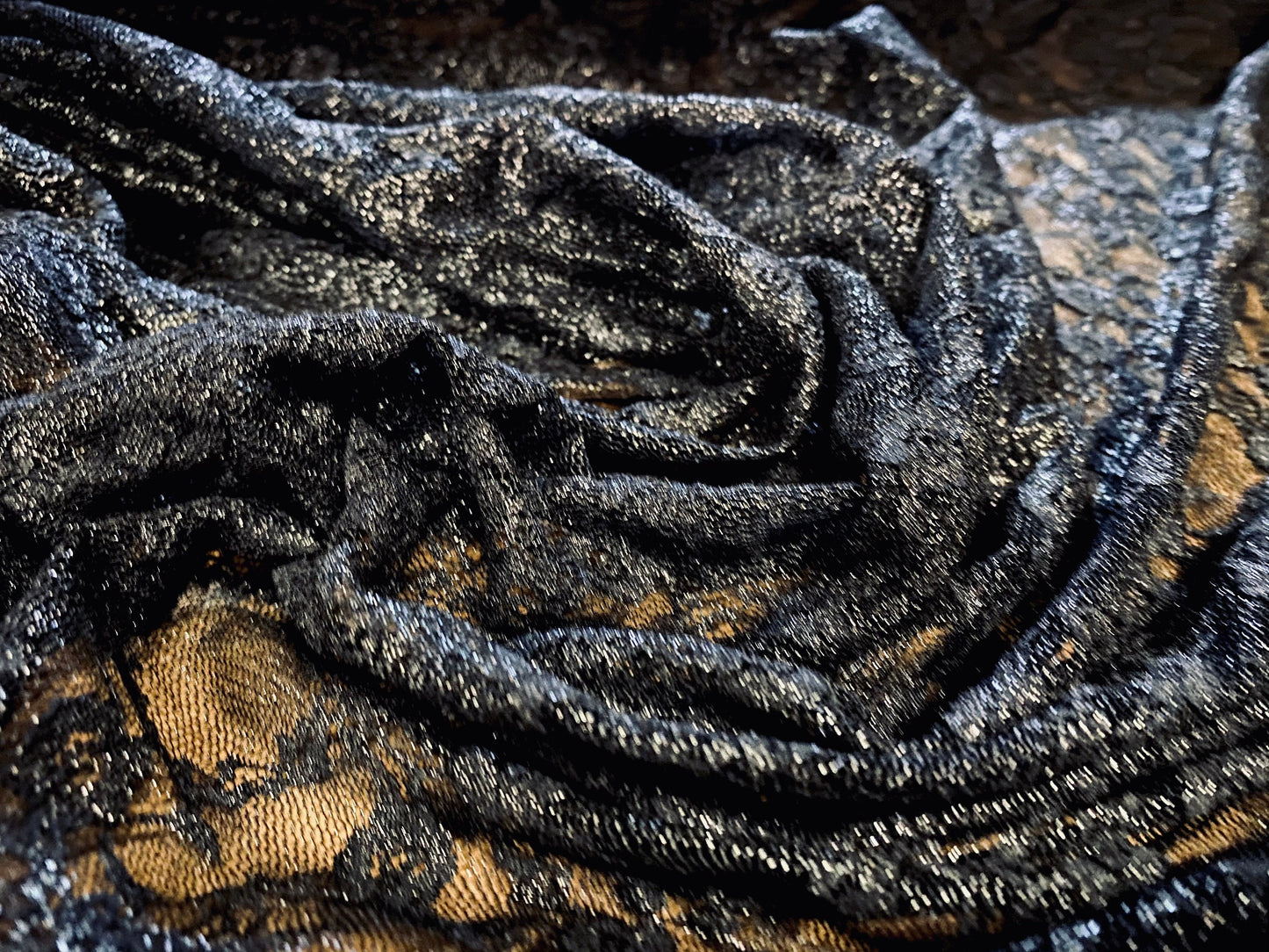 Stretch lace dress fabric, per metre - navy with metallic gold sparkle Rose design