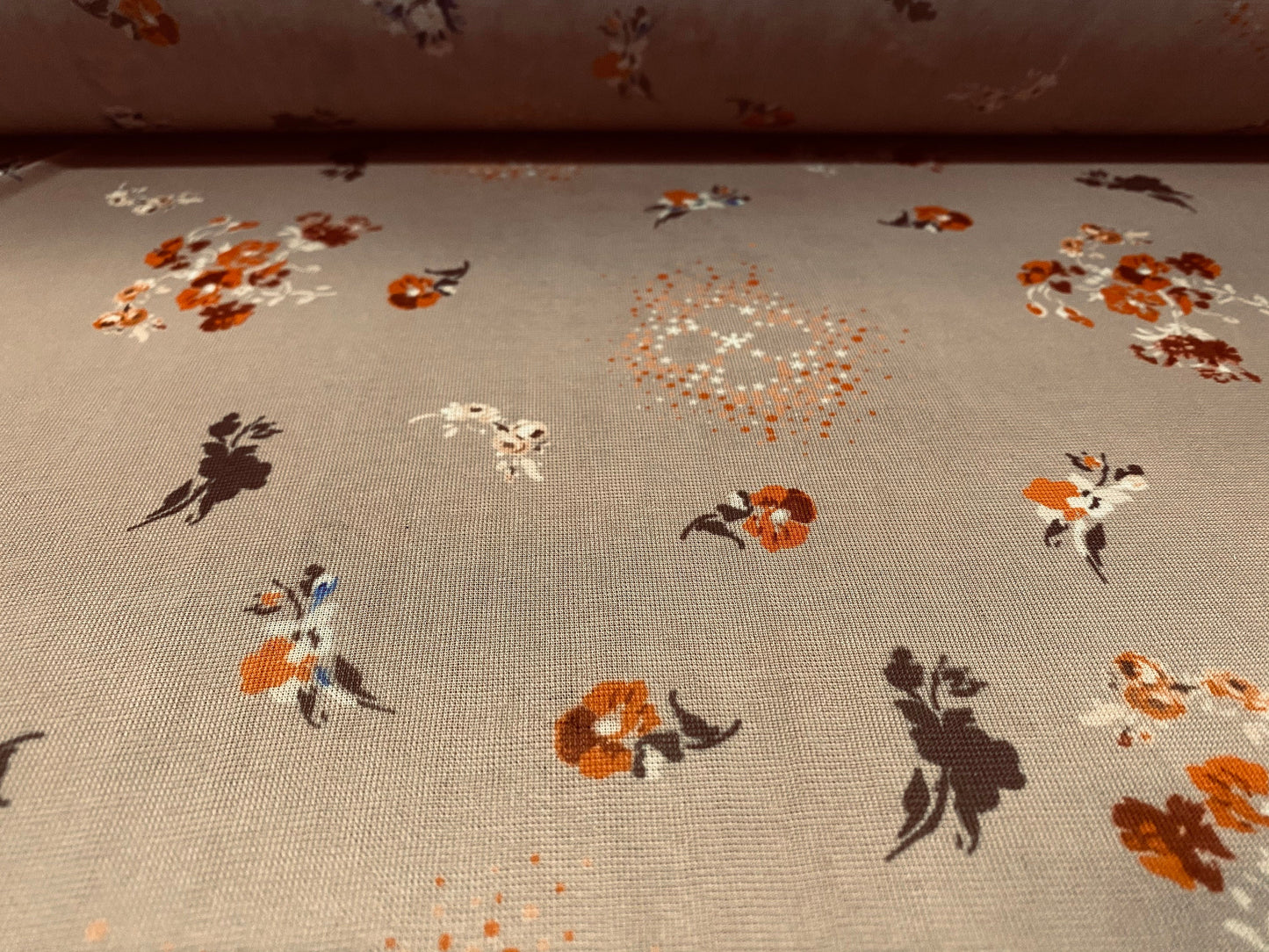 Chiffon jersey dress blouse fabric, per metre - Light brown with orange floral ditsy print