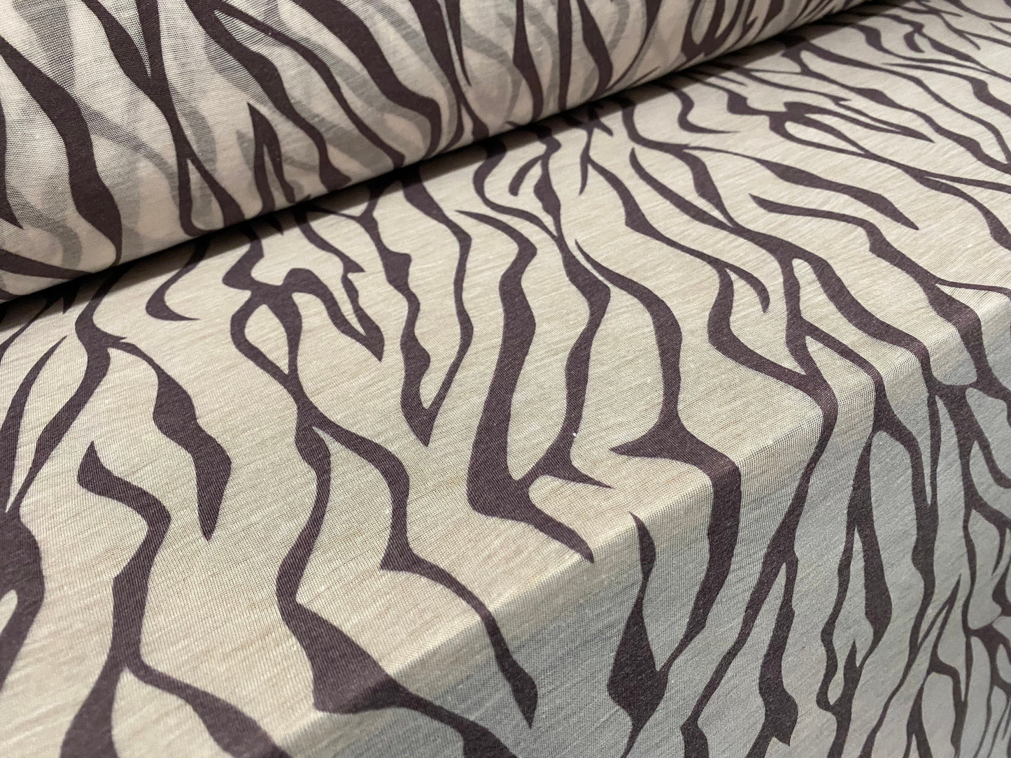 Cotton blend zebra print devoré burnout single jersey fabric, per metre - aubergine & cream