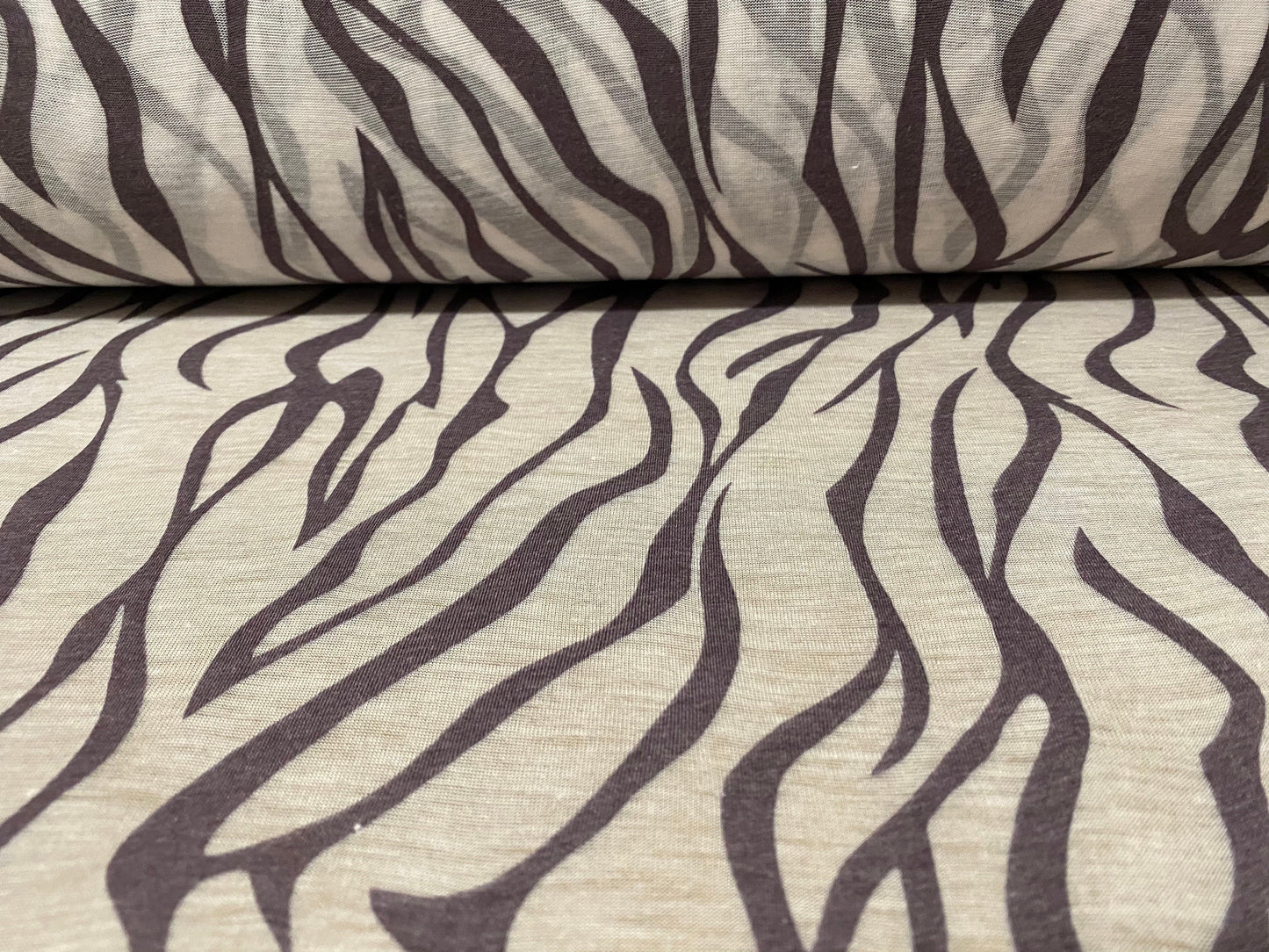 Cotton blend zebra print devoré burnout single jersey fabric, per metre - aubergine & cream