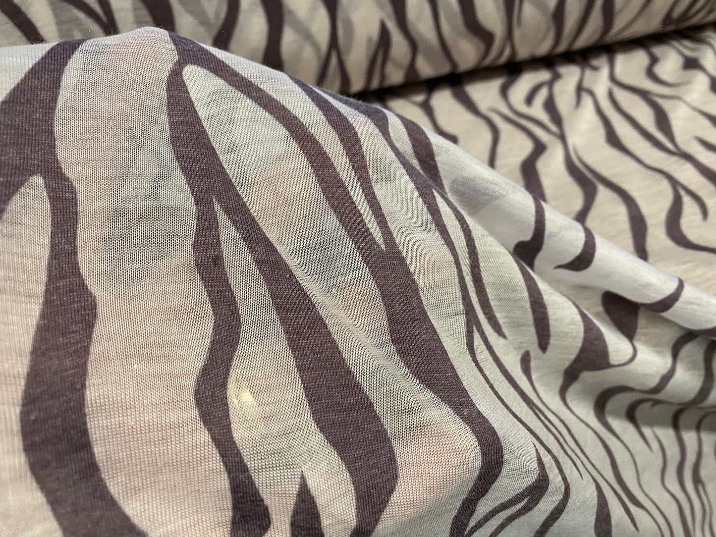 Cotton blend zebra print devoré burnout single jersey fabric, per metre - aubergine & cream