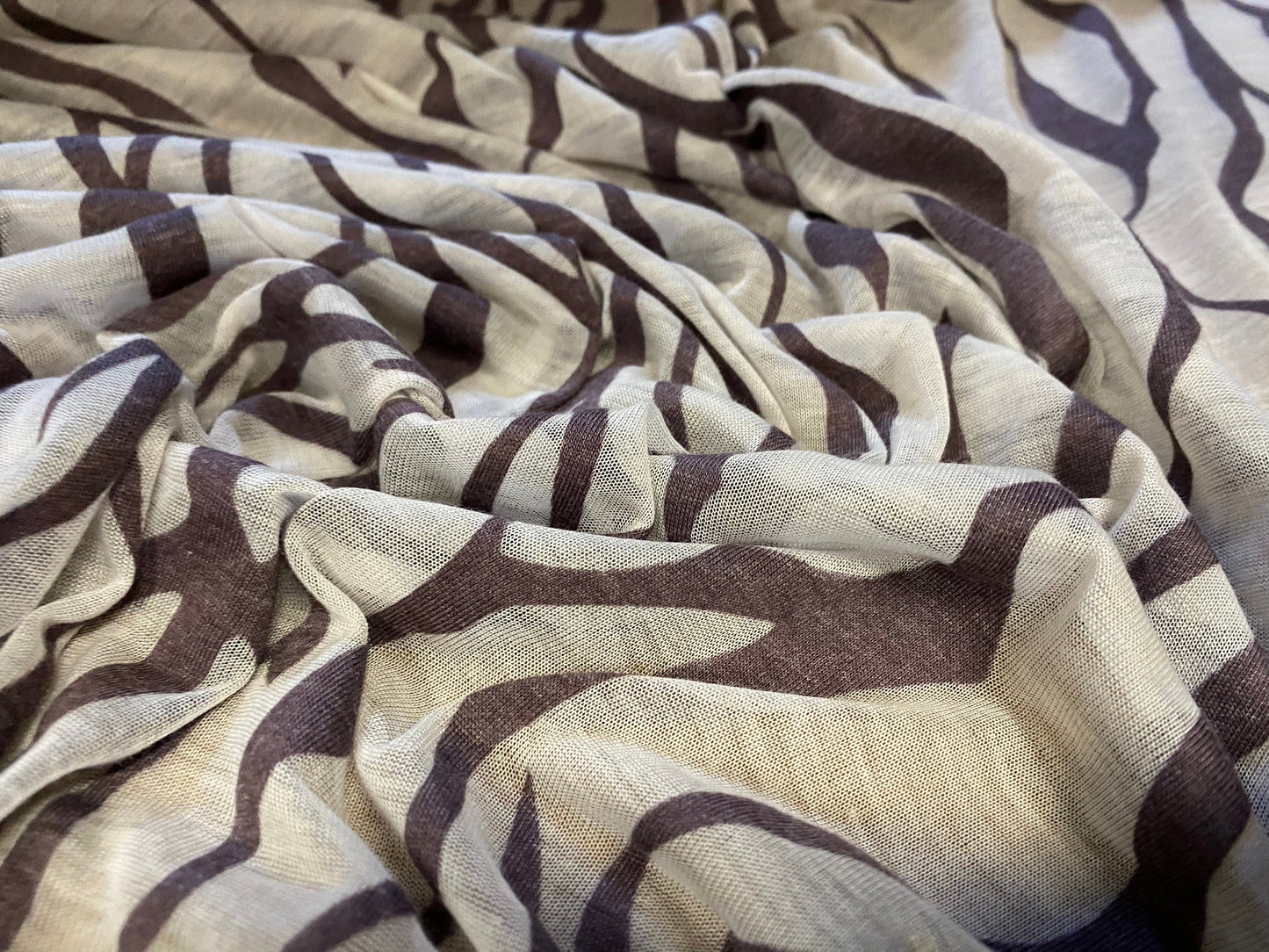 Cotton blend zebra print devoré burnout single jersey fabric, per metre - aubergine & cream