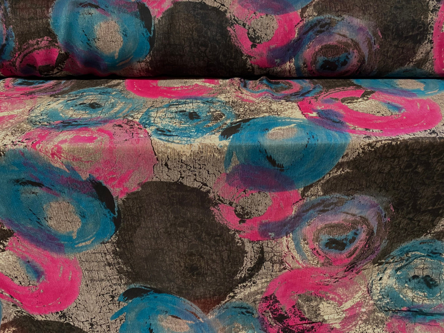 Printed chiffon yoryu dress blouse fabric, per metre - circle swirl print - grey & turquoise