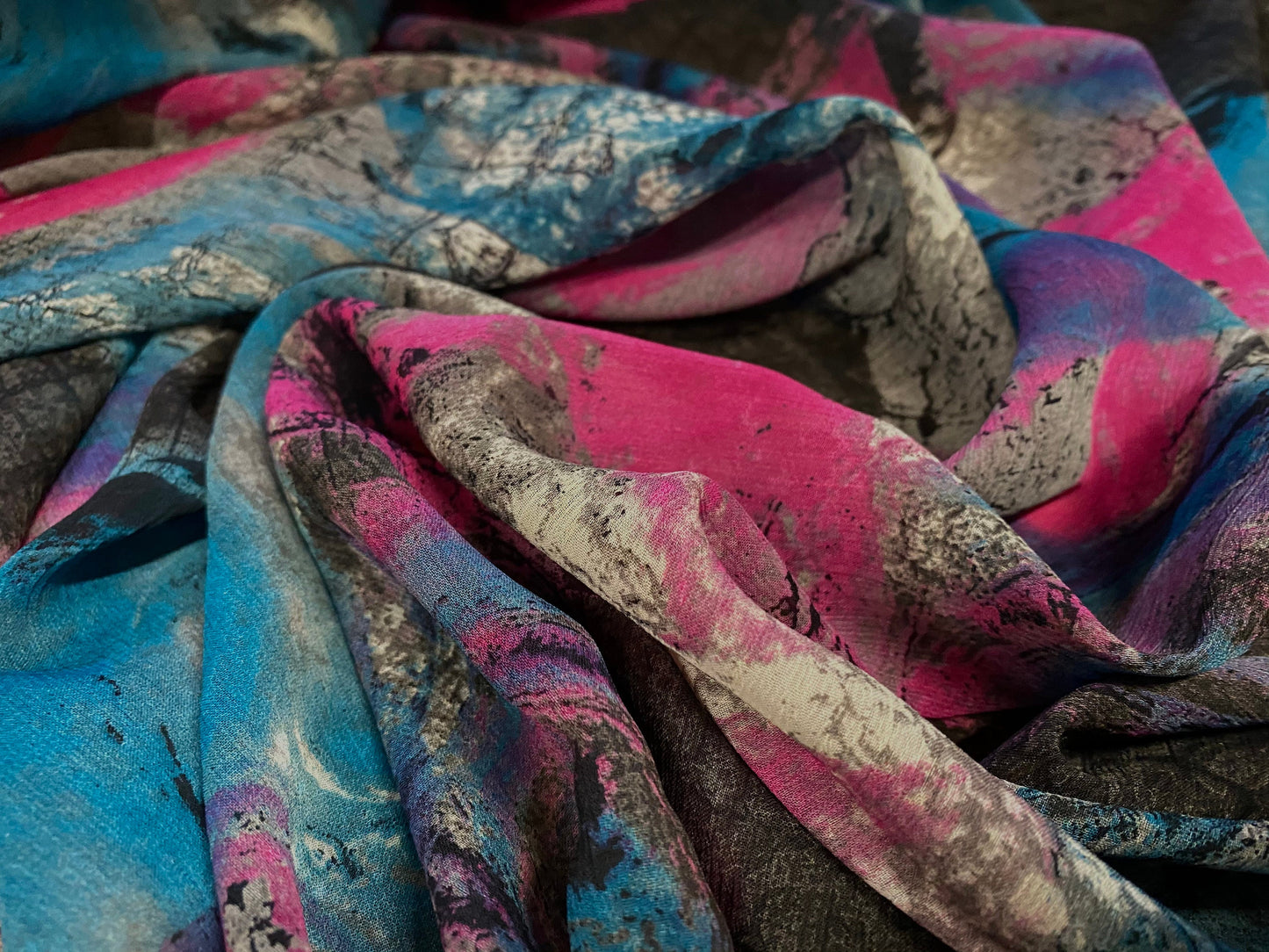 Printed chiffon yoryu dress blouse fabric, per metre - circle swirl print - grey & turquoise