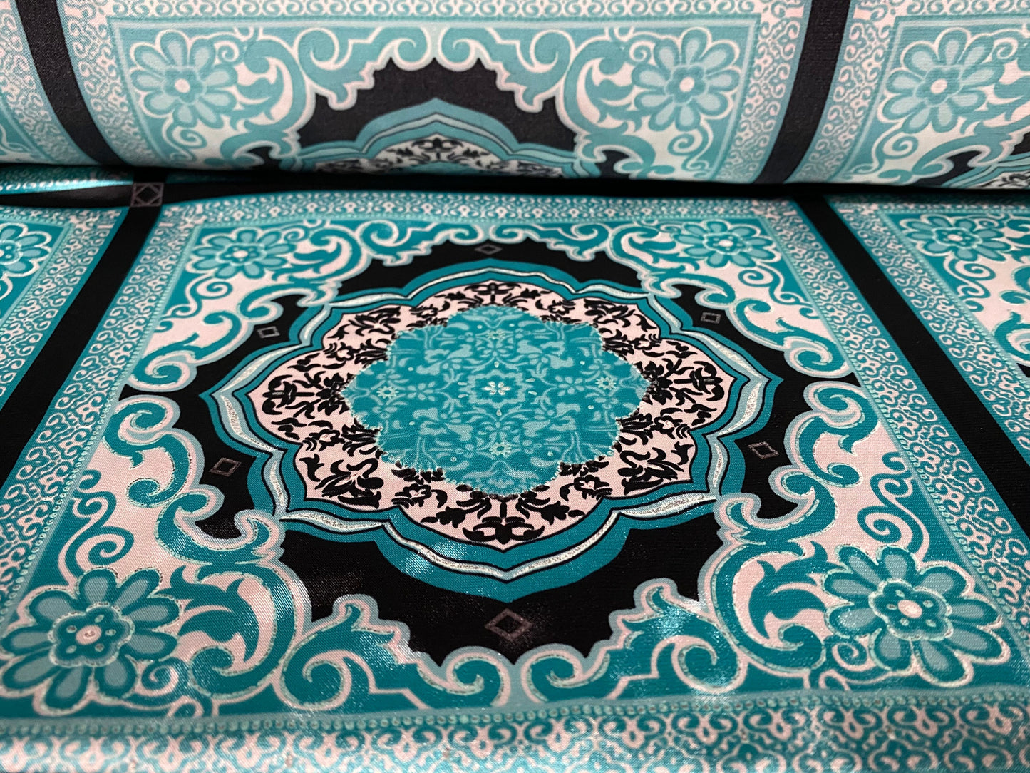 Silky Stretch satin dress fabric, per metre - paisley geometric print - black & turquoise