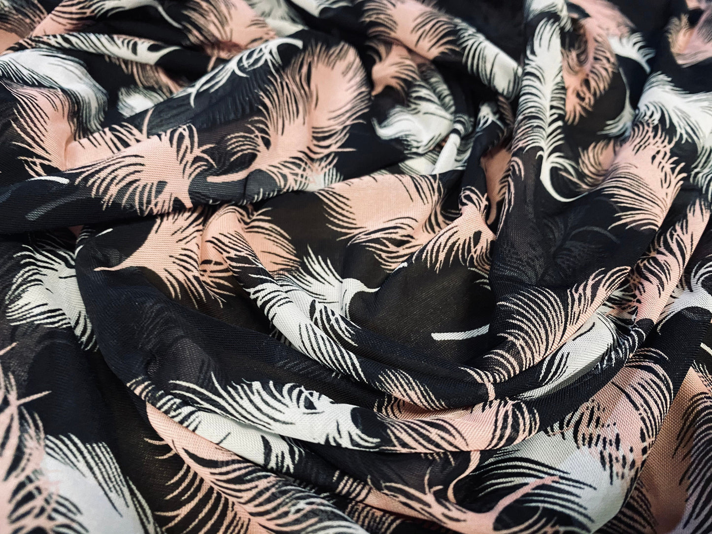Chiffon jersey dress blouse fabric, per metre - feathers print - black & pink