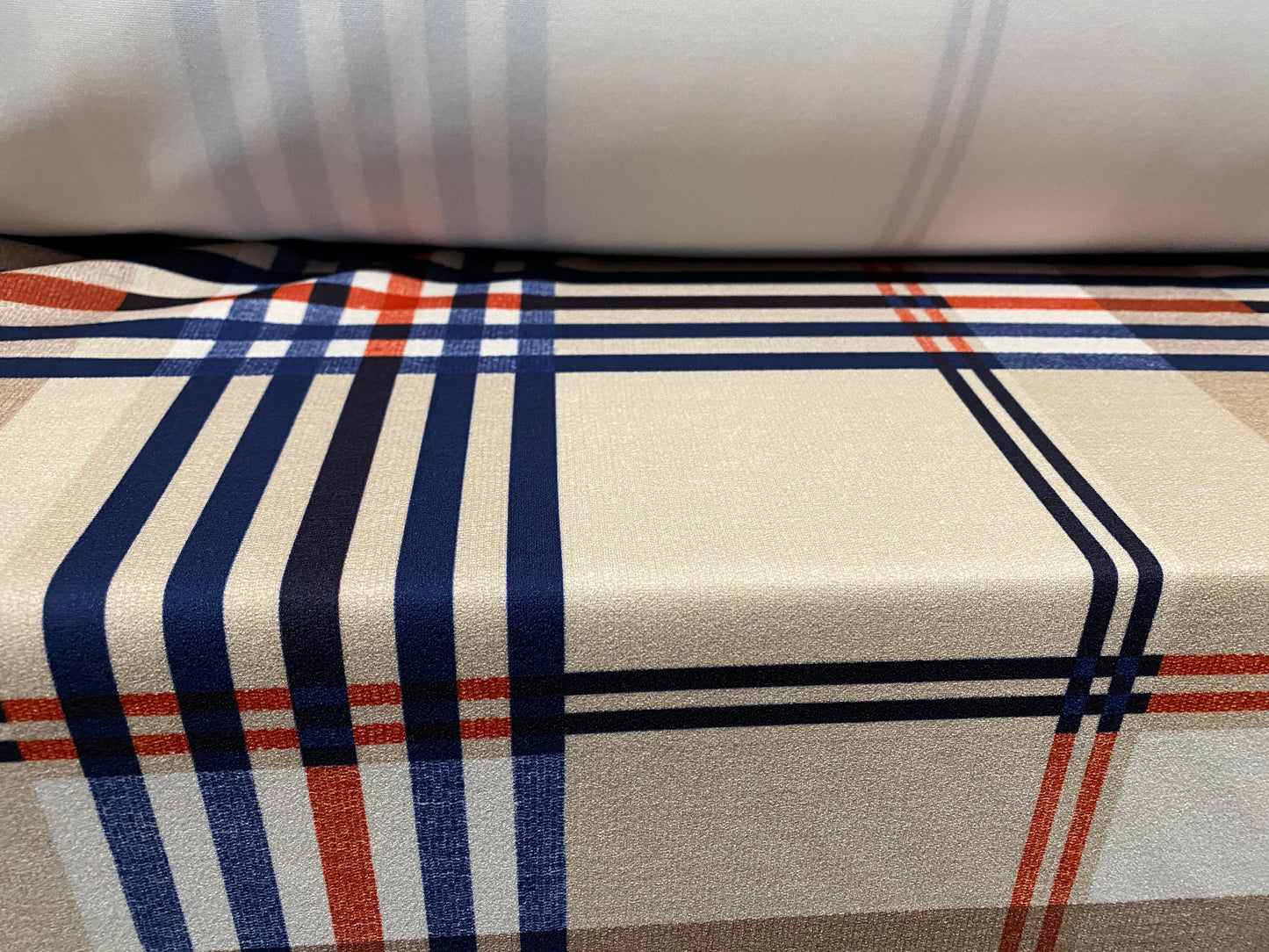 Scuba crepe fabric stretch spandex jersey, per metre - designer check plaid print - Stone orange & blue