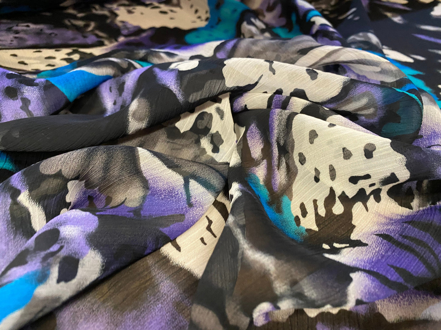 Printed chiffon yoryu dress blouse fabric, per metre - distressed floral print - purple & turquoise