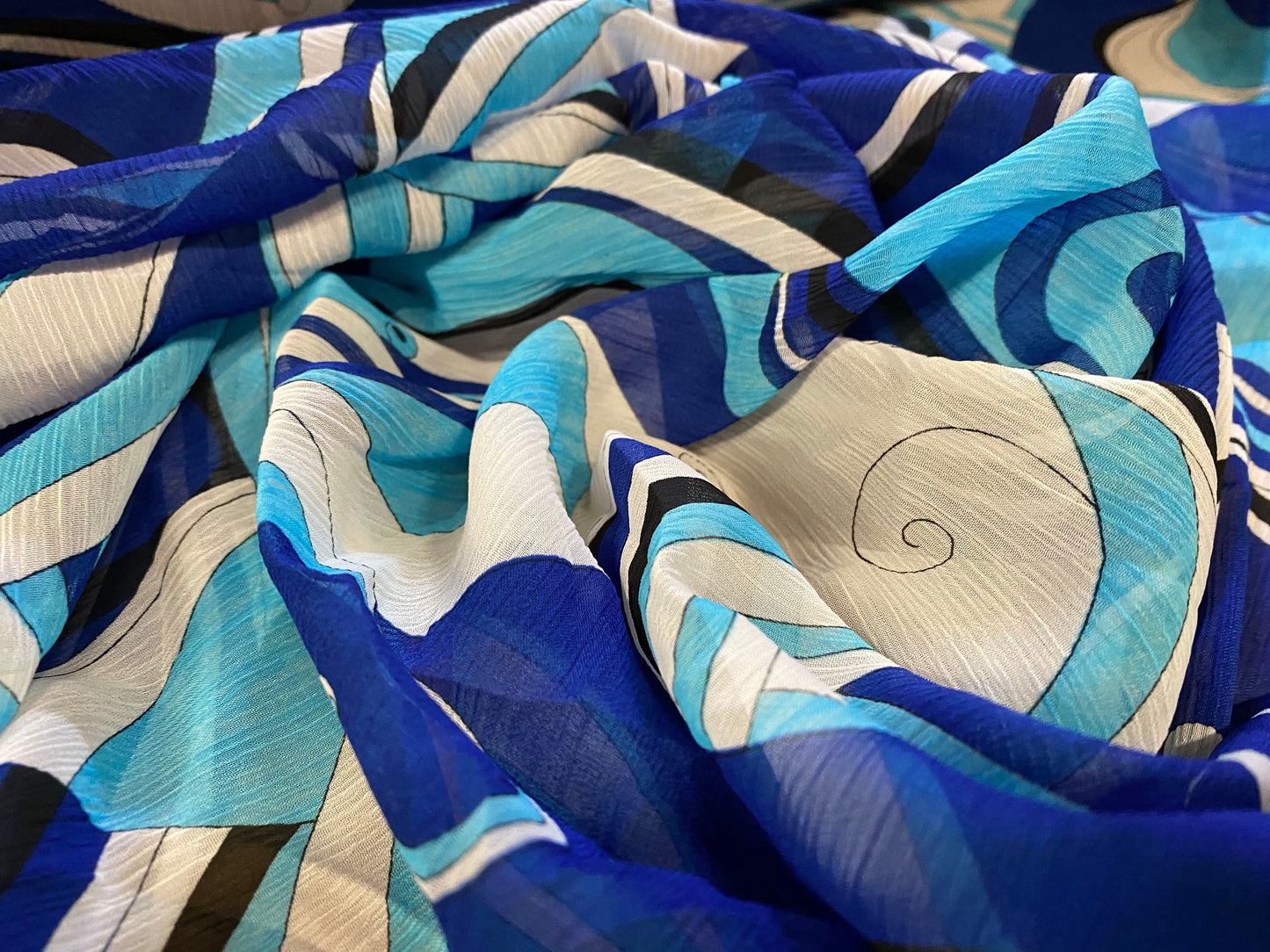 Printed chiffon yoryu dress blouse fabric, per metre - 60s swirl print - Royal blue