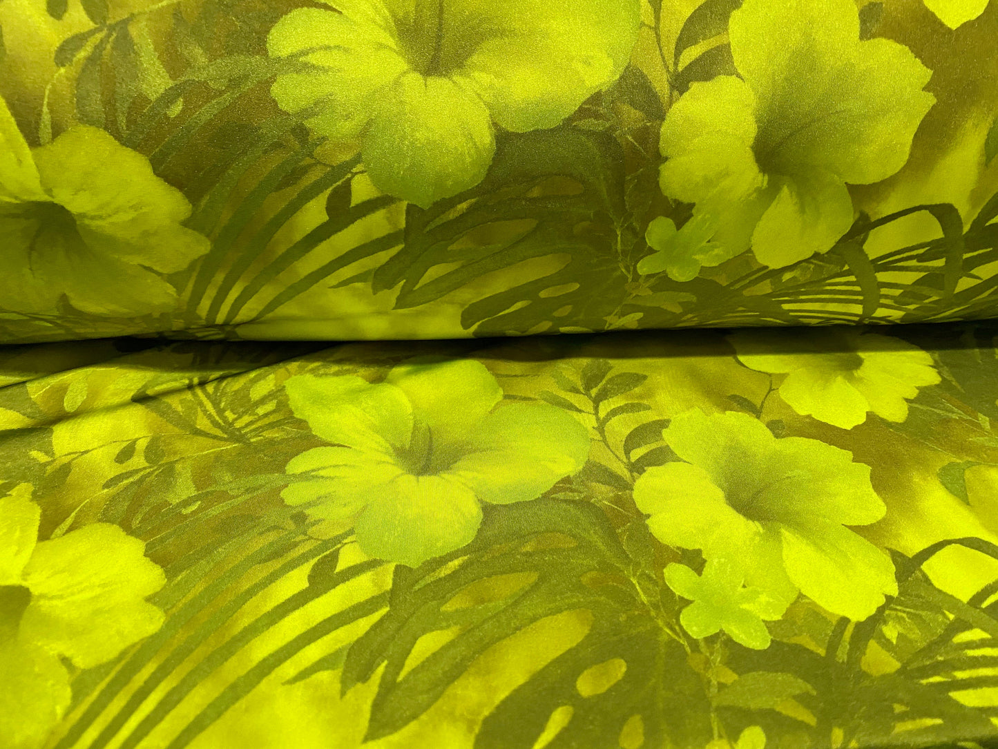 Swimwear stretch spandex jersey fabric, per metre - hibiscus flower print - lime