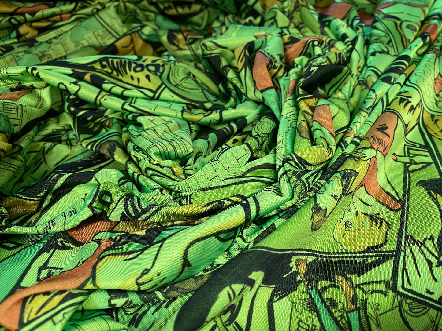 Disco shimmer stretch spandex jersey fabric, per metre - comic strip cartoon print