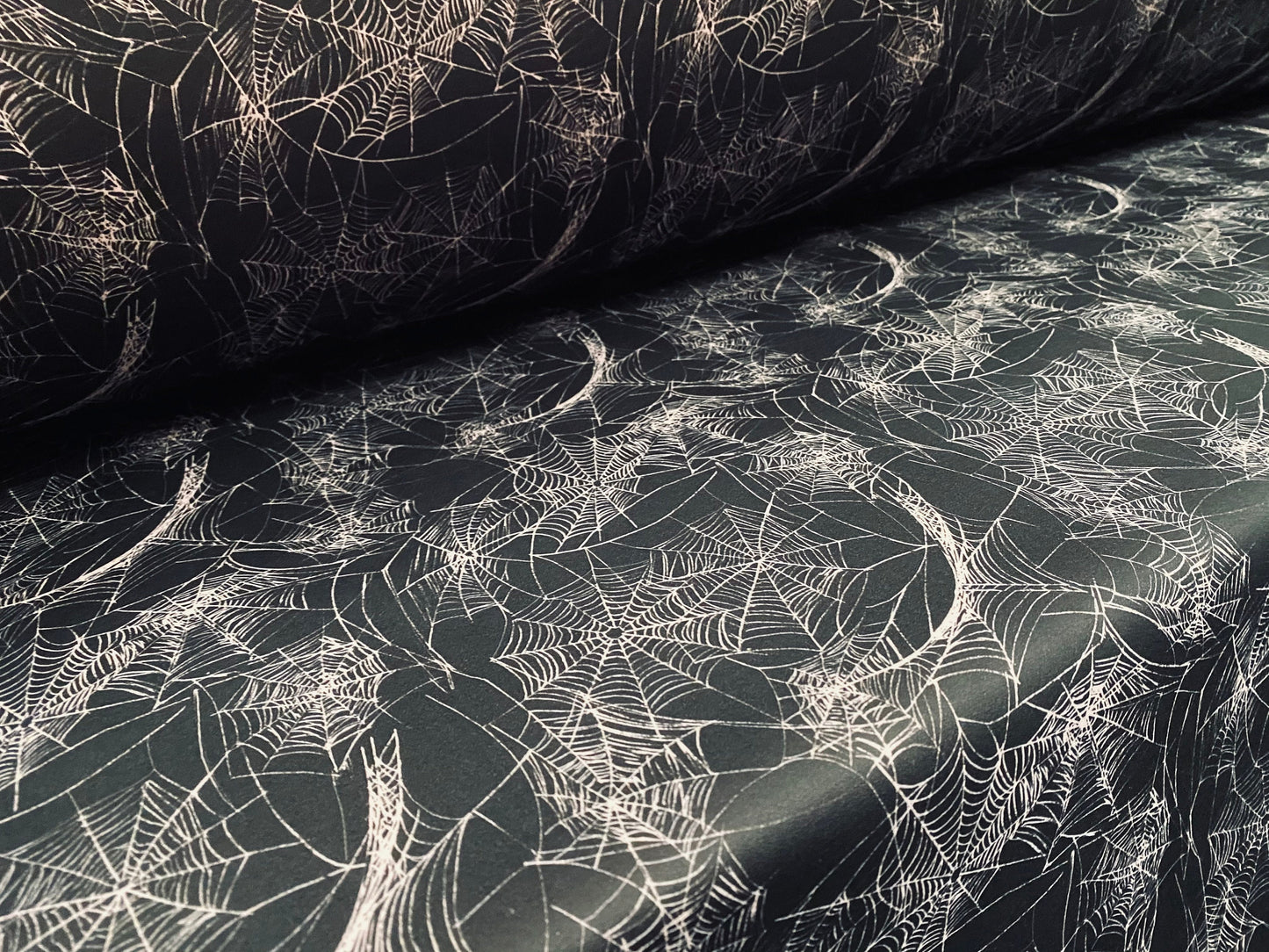 Sandwich Scuba bonded double jersey fabric, per metre - Black spiders web cobweb print