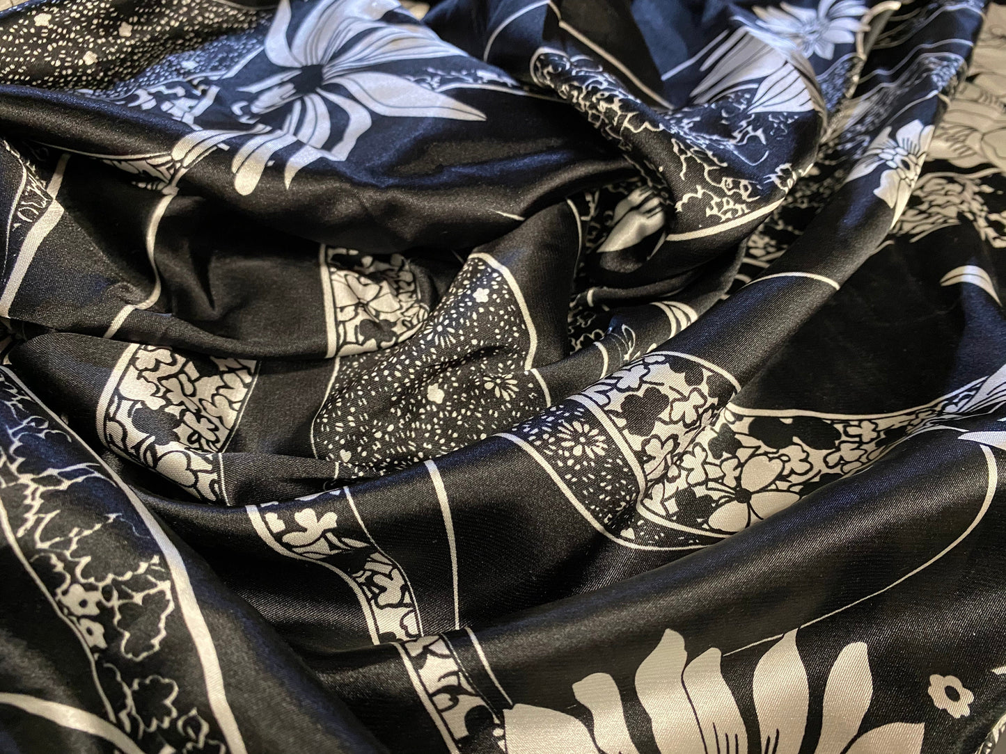 Silky Stretch satin dress fabric, per metre - Floral print - black & silver