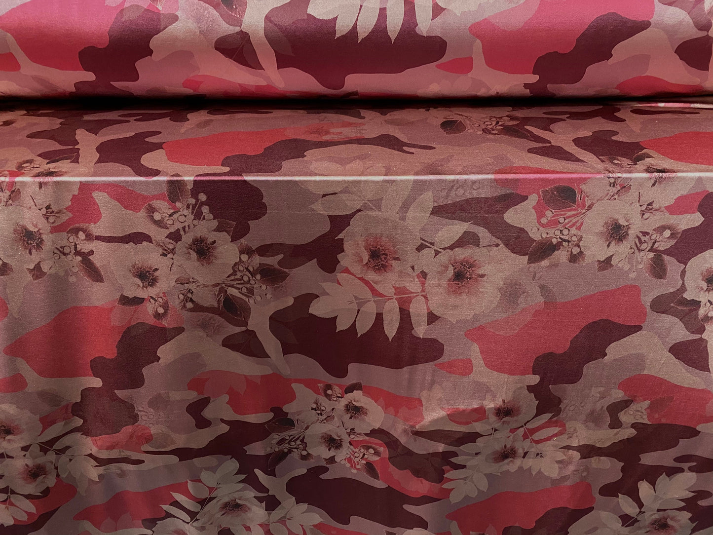 Disco shimmer stretch spandex jersey fabric, per metre - camouflage flowers print - dusky pink and aubergine