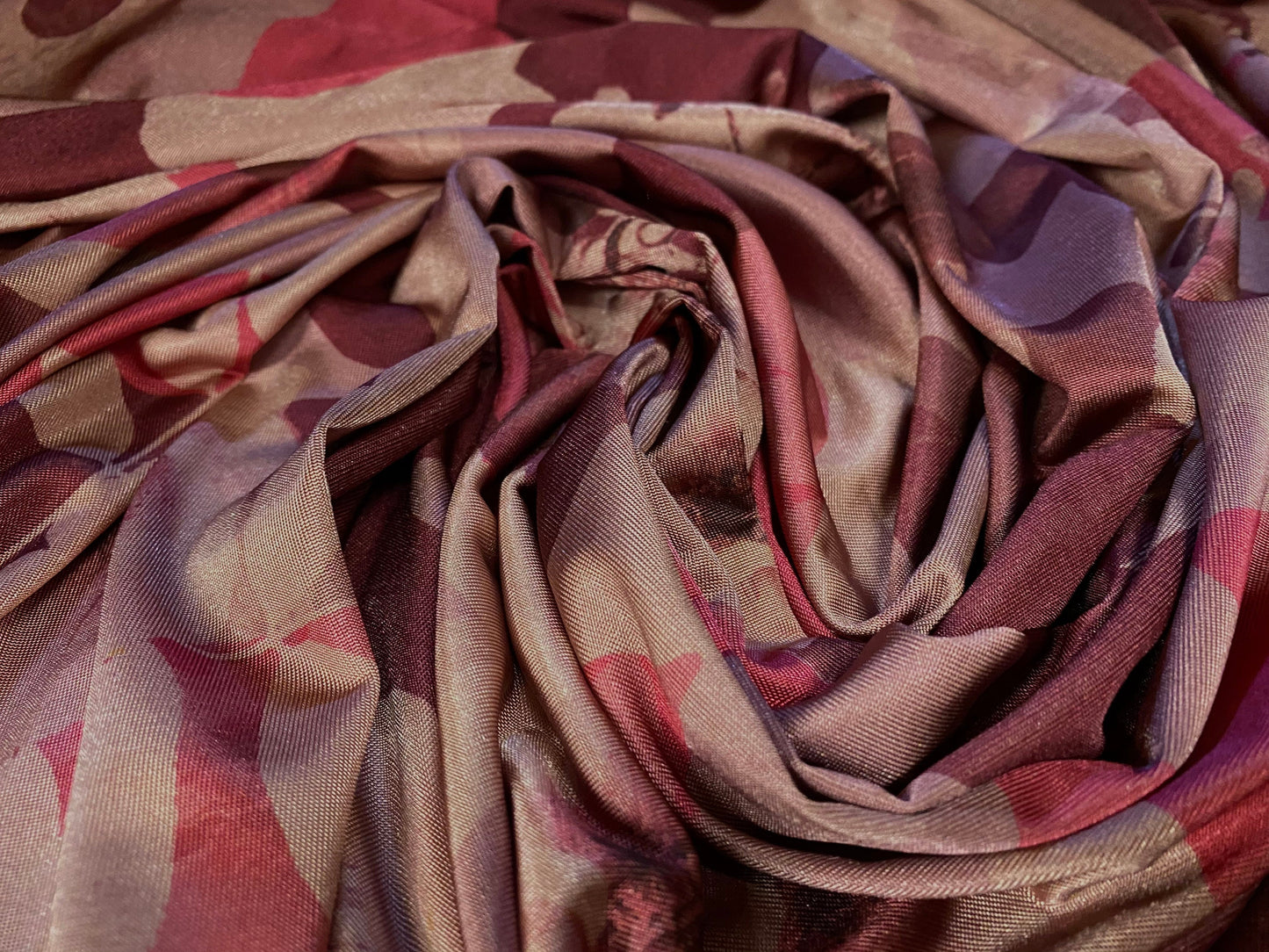 Disco shimmer stretch spandex jersey fabric, per metre - camouflage flowers print - dusky pink and aubergine