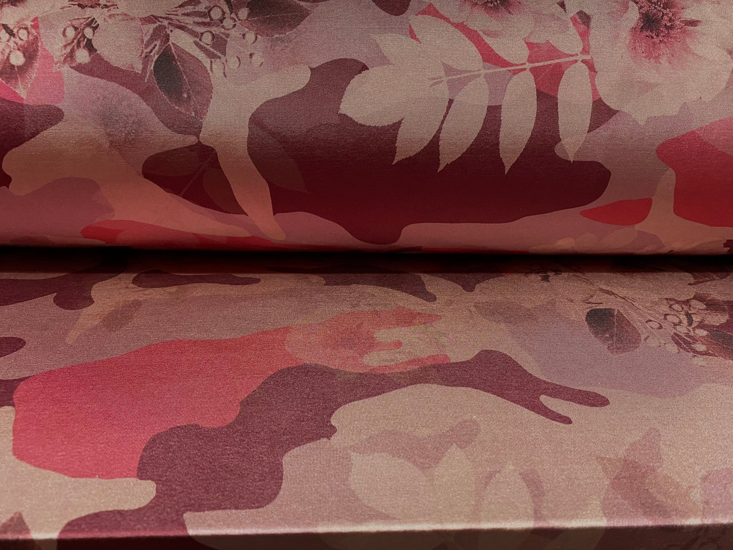 Disco shimmer stretch spandex jersey fabric, per metre - camouflage flowers print - dusky pink and aubergine