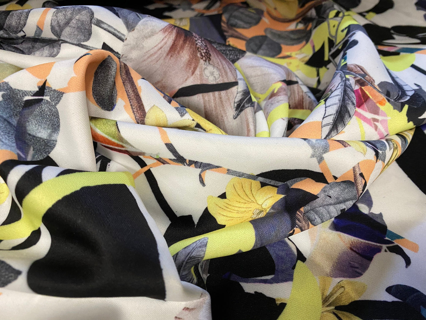Scuba double jersey neoprene style spandex fabric, per metre - lemon lily flower print