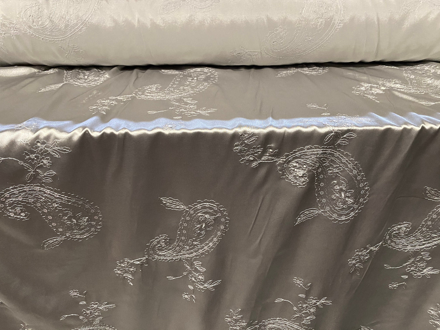 Silky Stretch charmeuse satin dress fabric, per metre - paisley embroidery and sequins - silver