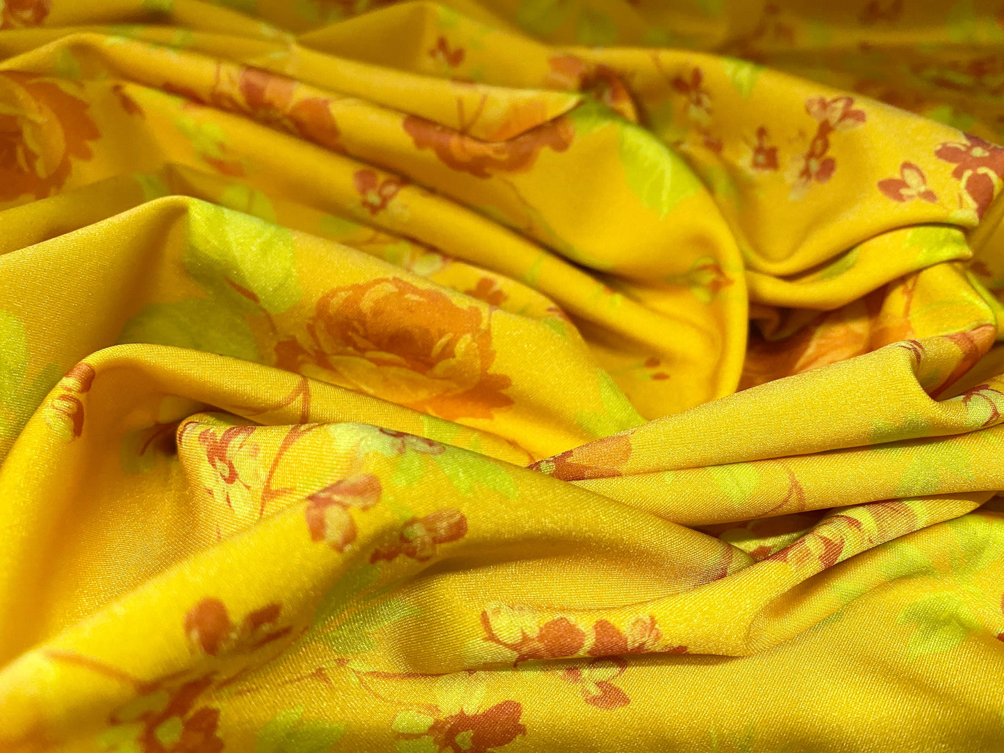 Swimwear stretch spandex jersey fabric, per metre - mustard floral print