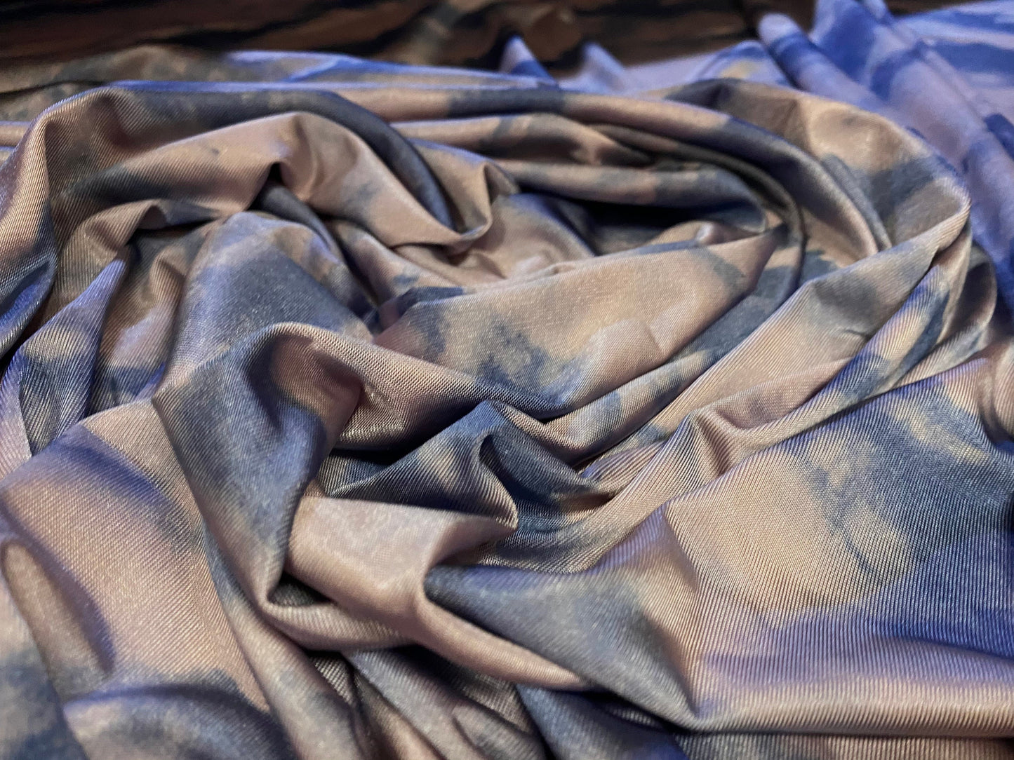 Disco shimmer stretch spandex jersey fabric, per metre - clouds at sunset print
