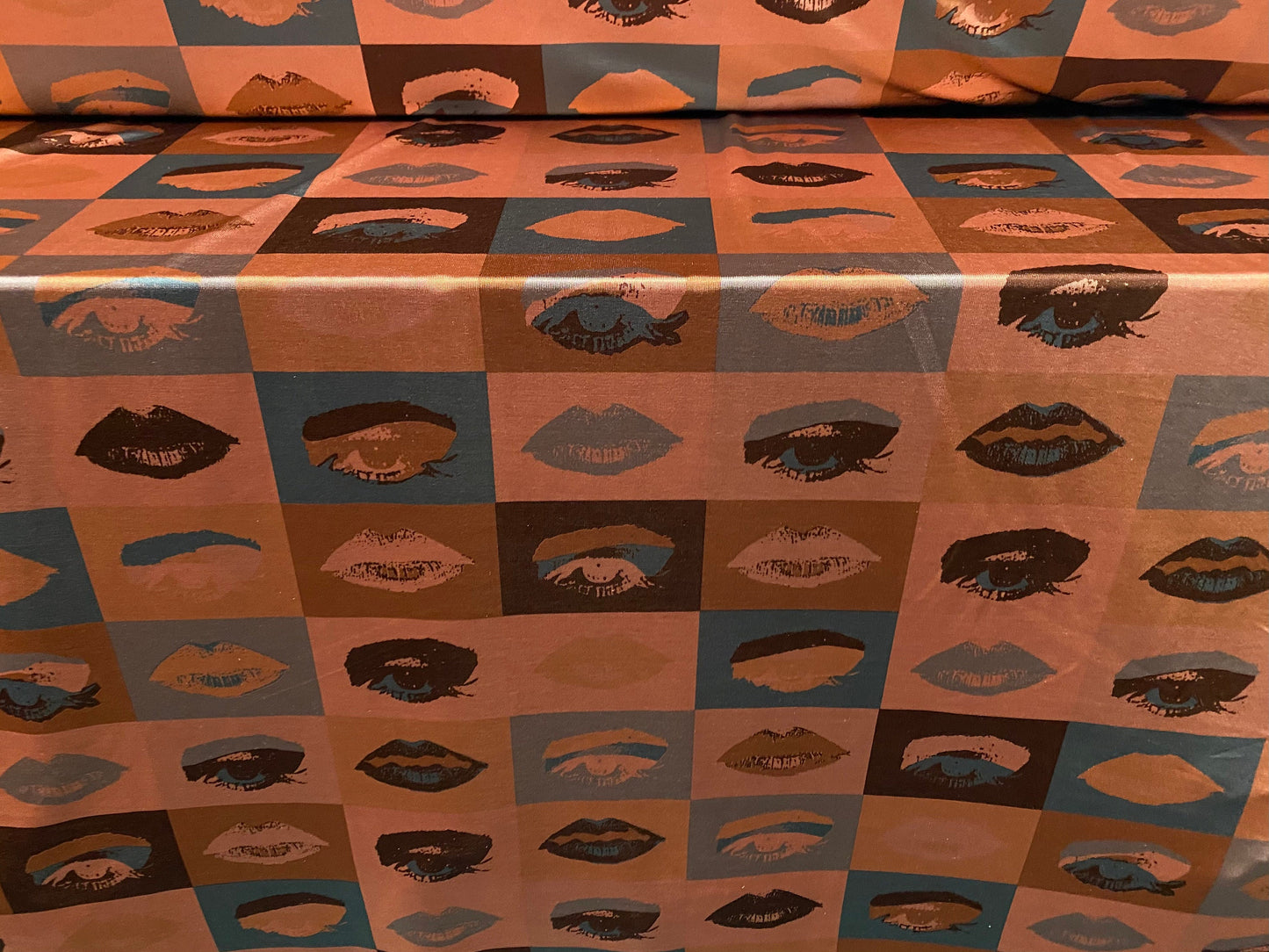 Disco shimmer stretch spandex jersey fabric, per metre - Warhol style lips print - dusky pink