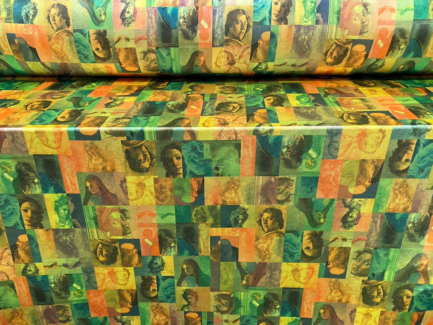 Disco shimmer spandex stretch jersey fabric, per metre - artist portraits of faces print