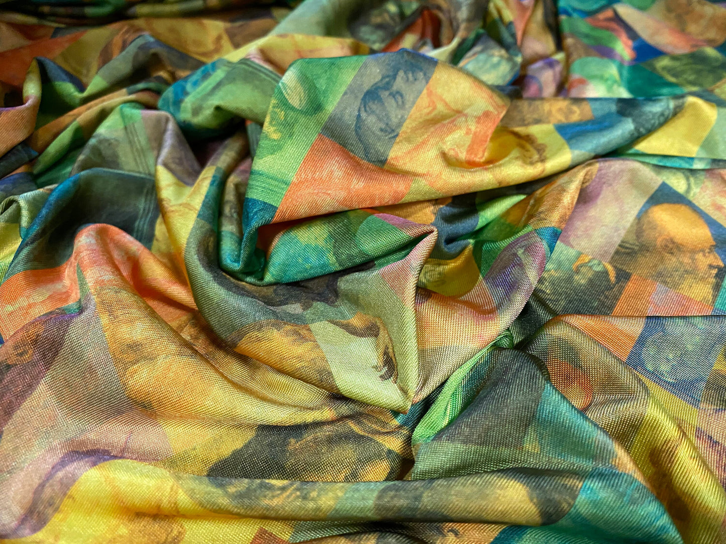 Disco shimmer spandex stretch jersey fabric, per metre - artist portraits of faces print
