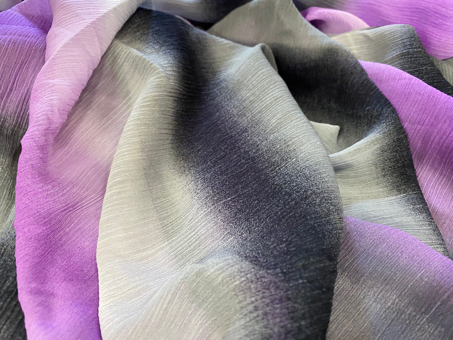 Printed chiffon yoryu dress blouse fabric, per metre - lilac & grey ombré stripe