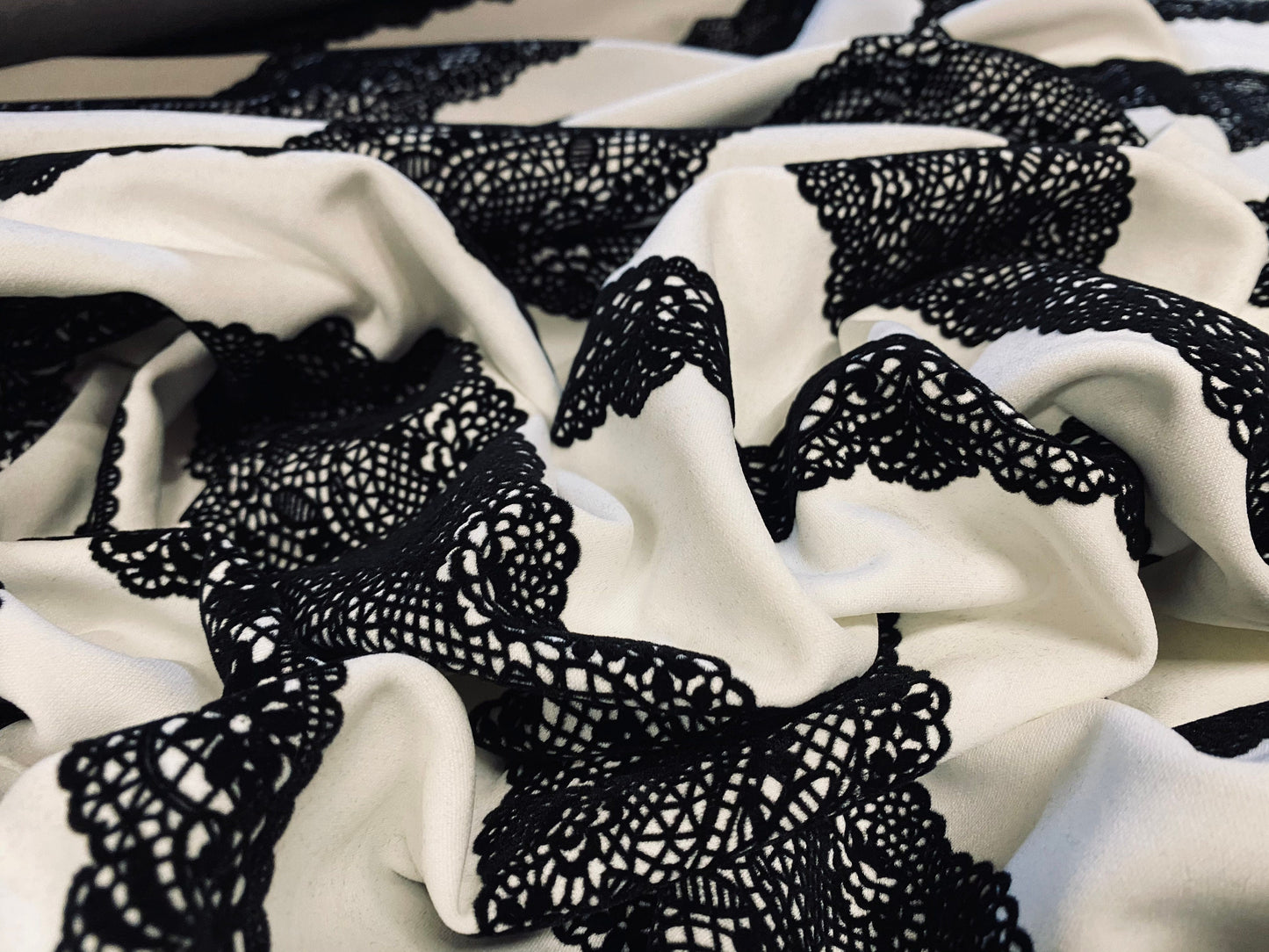 Scuba neoprene style double jersey stretch fabric, per metre - white with black frilled lace flock stripe print