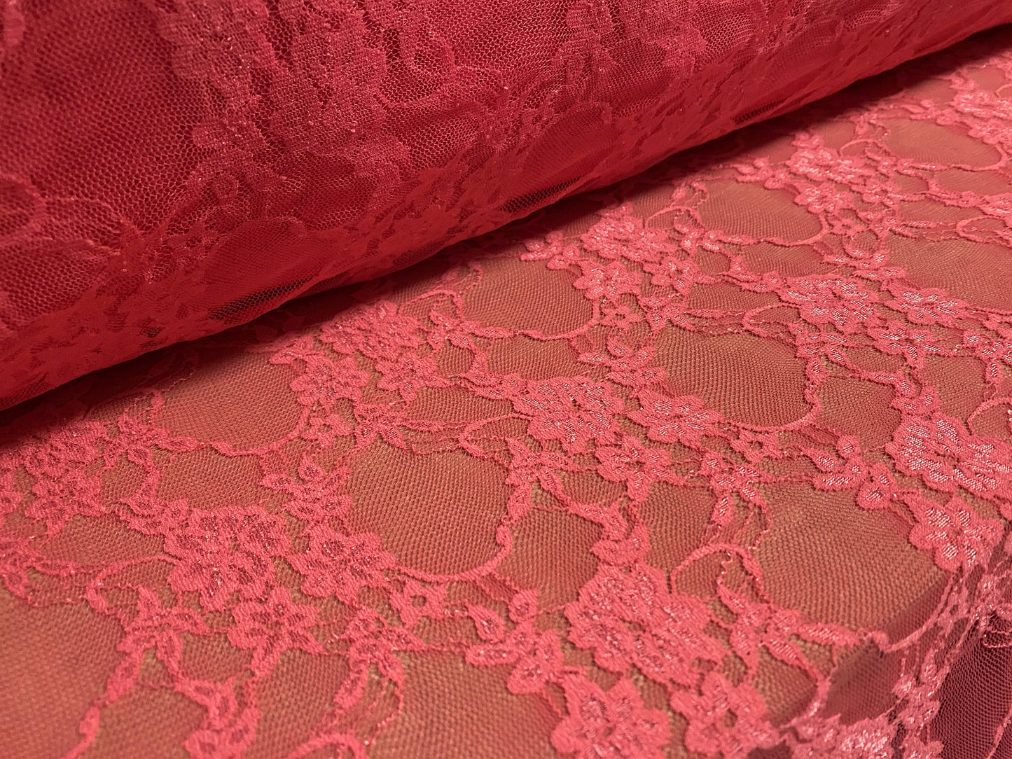 Floral stretch lace net fabric, per metre - coral