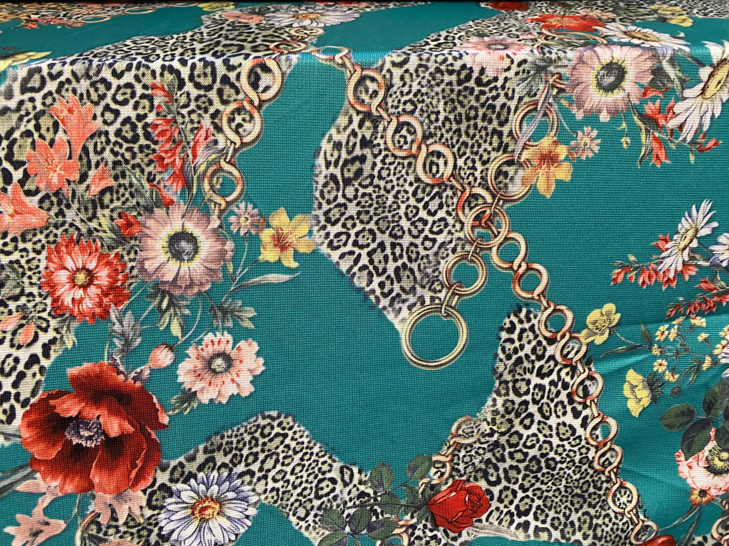Ponte Roma double jersey stretch knit dress fabric, per metre - designer Leopardskin flowers & chains print - mint