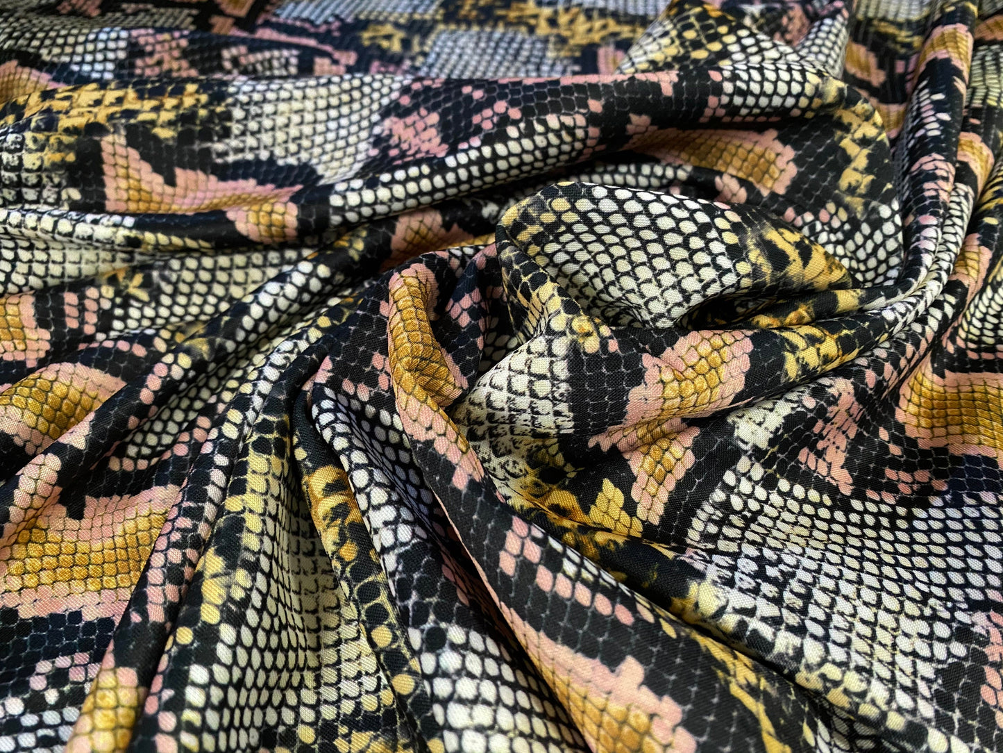 Scuba Stretch neoprene style double jersey fashion fabric, per metre - pink & green snakeskin print