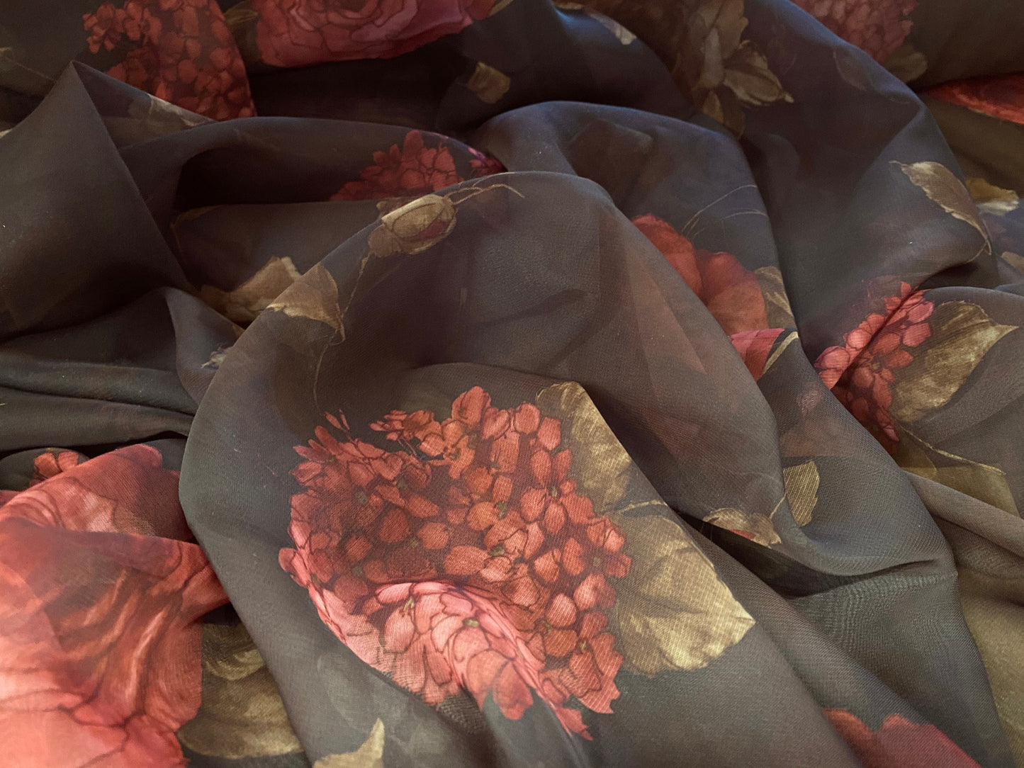 Printed chiffon woven dress blouse fabric, per metre - brown with pink rose print