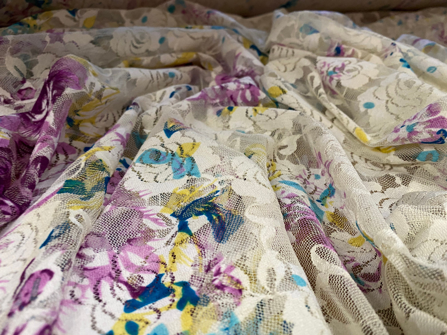 Printed stretch lace dress fabric, per metre - double border floral print