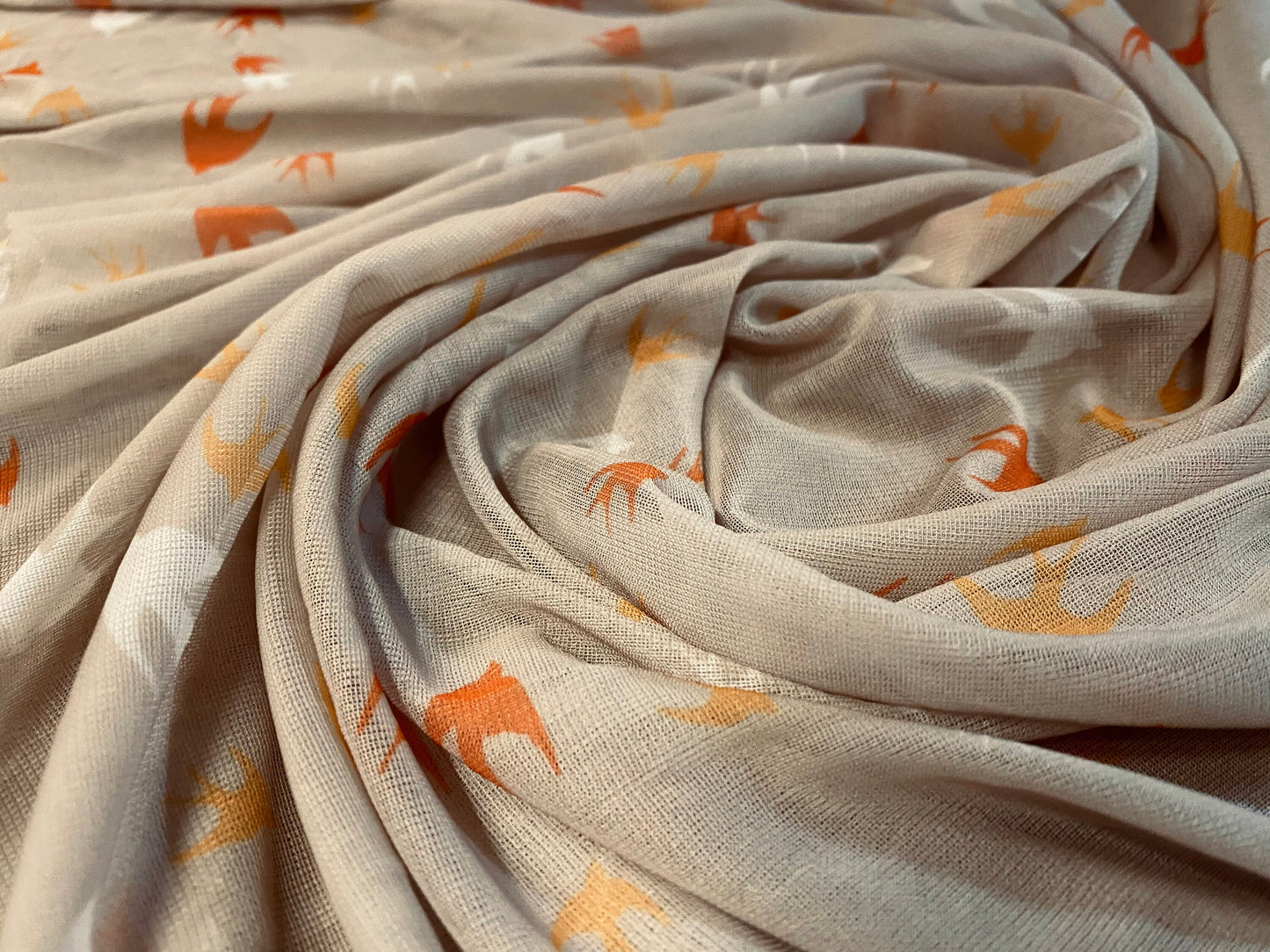 Chiffon jersey mesh net dress blouse fabric, per metre - Swallows print - Stone