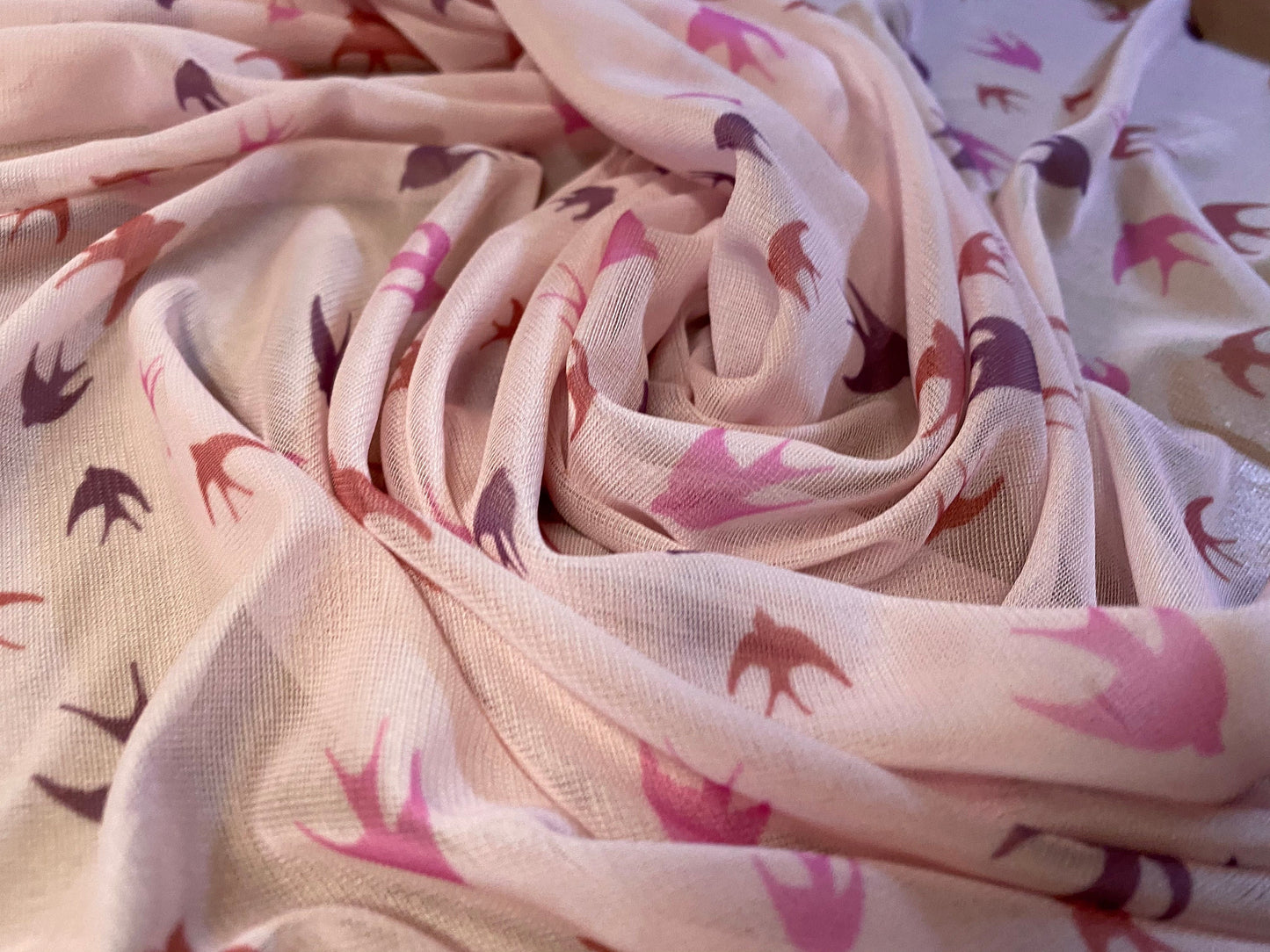 Chiffon jersey mesh net dress blouse fabric, per metre - Swallows print - pink