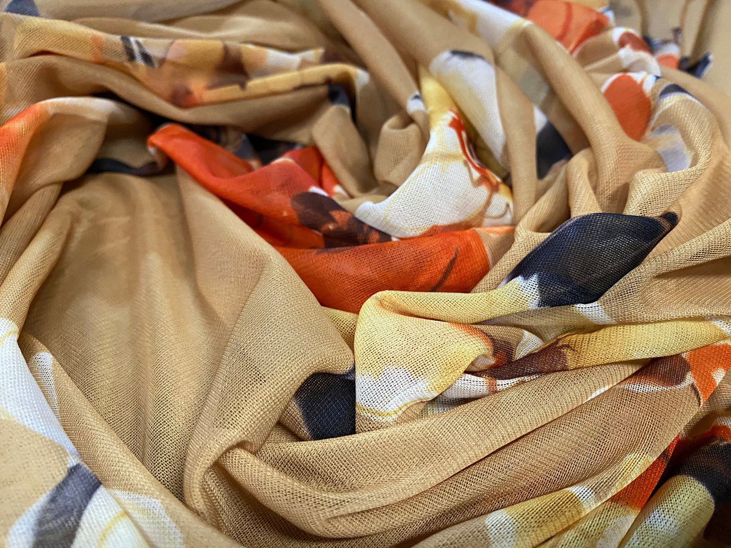 Chiffon jersey dress blouse fabric, per metre - Dark gold floral print