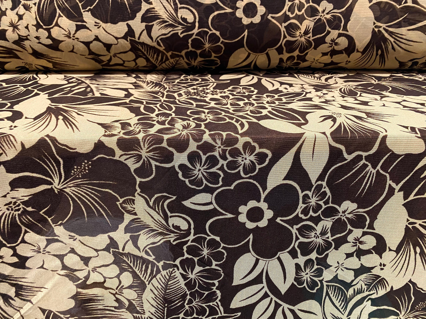 Power mesh net stretch fabric, per metre - floral print - brown & cream