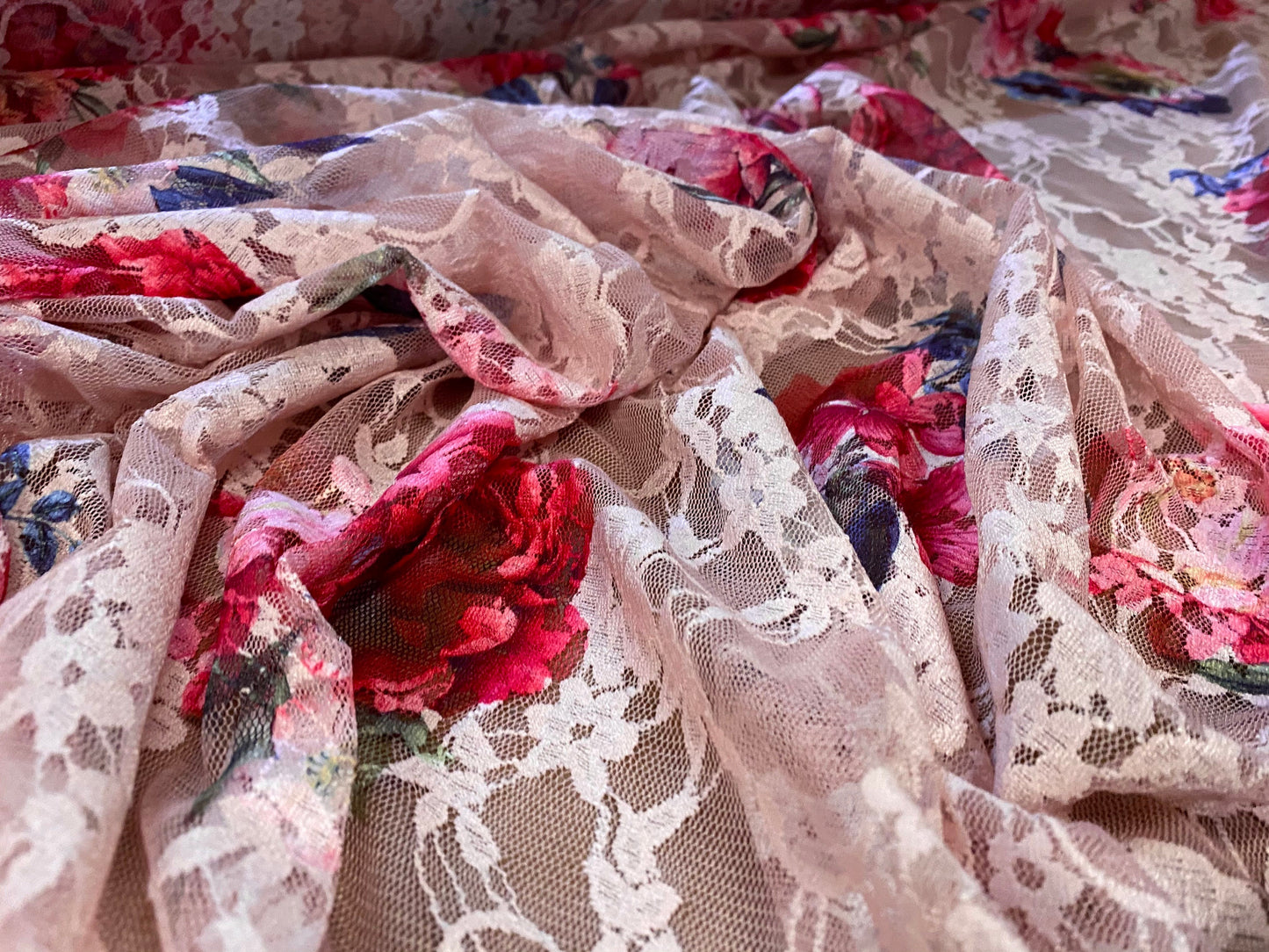 Printed stretch lace dress fabric, per metre - pink floral rose print